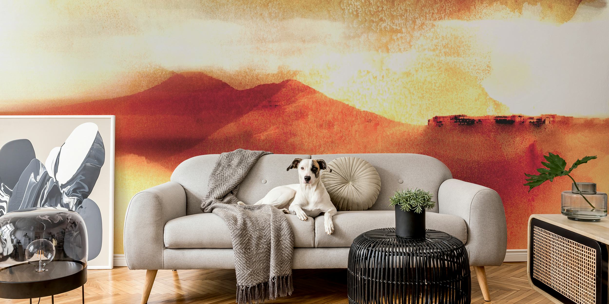 Abstract warm mountain landscape wallpaper with grunge texture