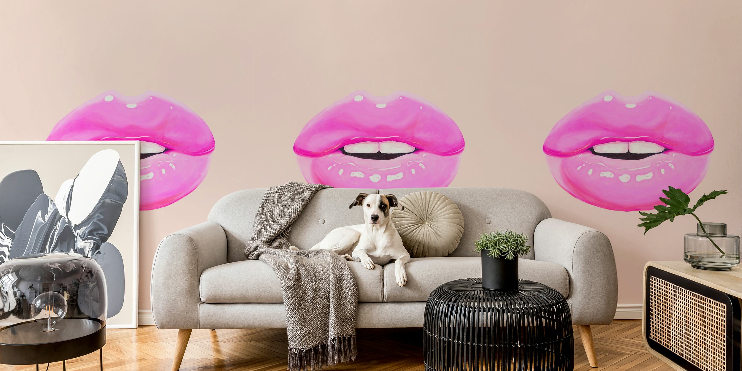 Three pink lips on a beige background wall mural.