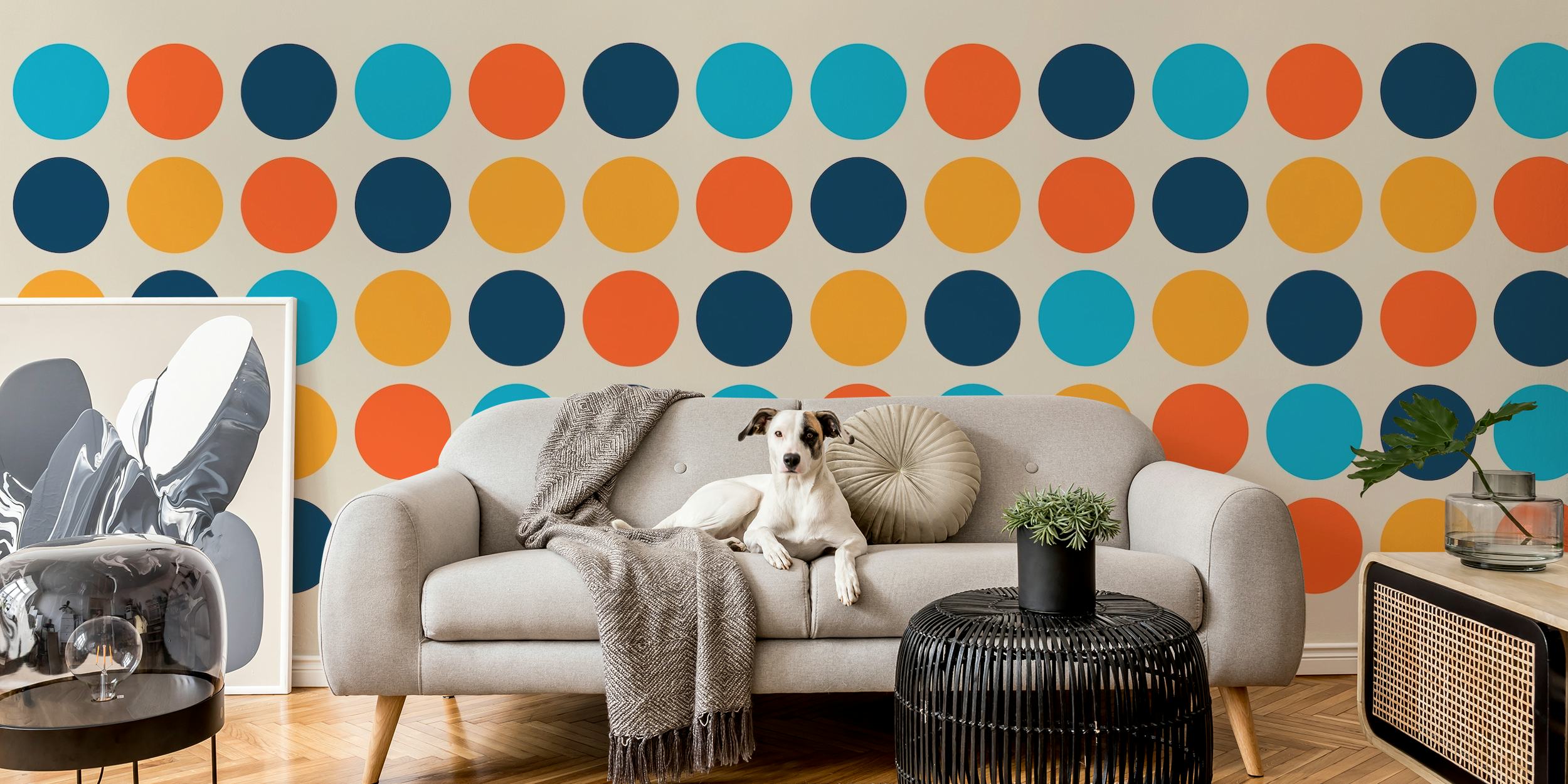 Geometric circle pattern wall mural in blue and orange