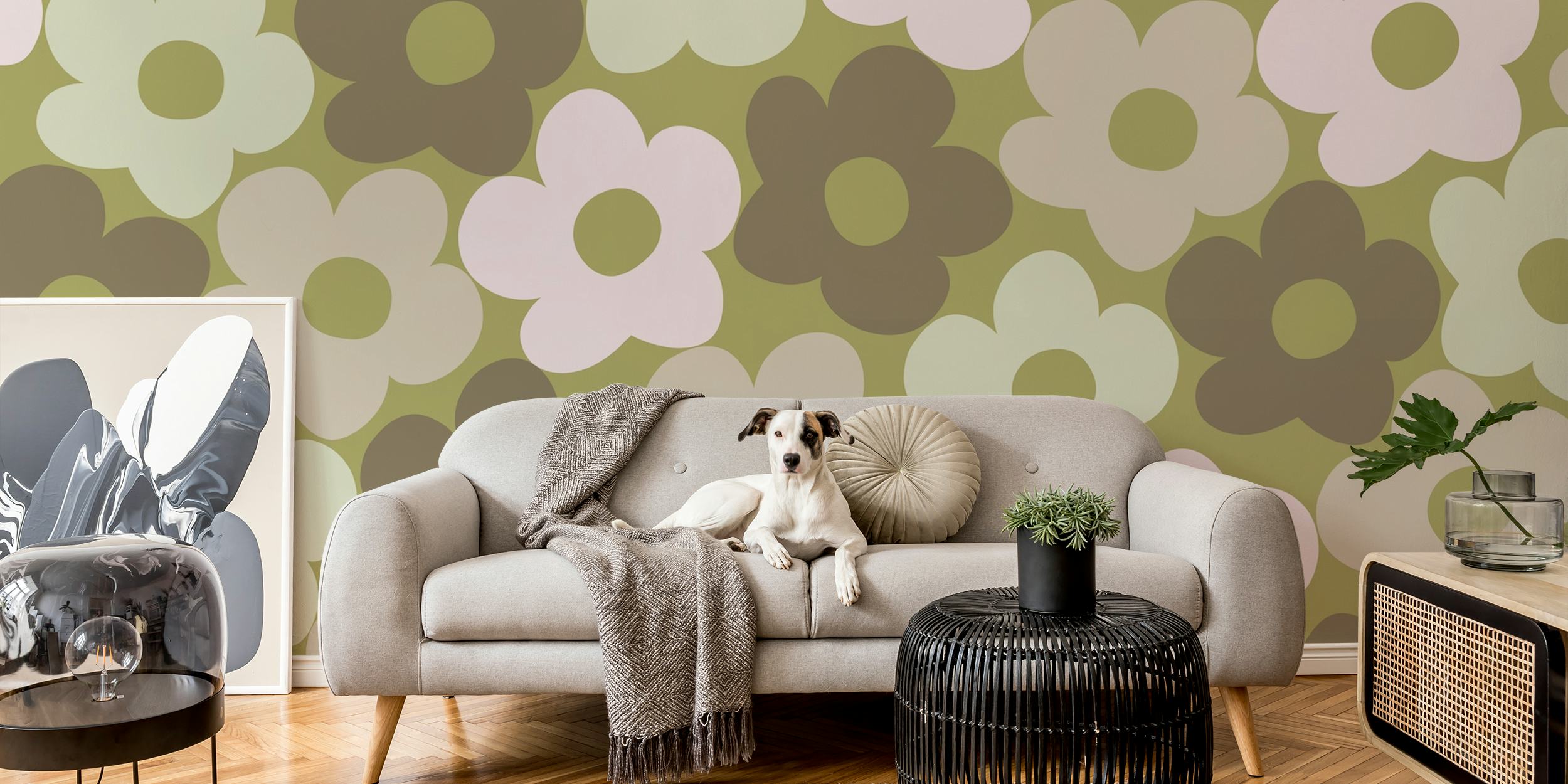 Carta da parati retrò Fall Daisies con fiori verde terra e crema
