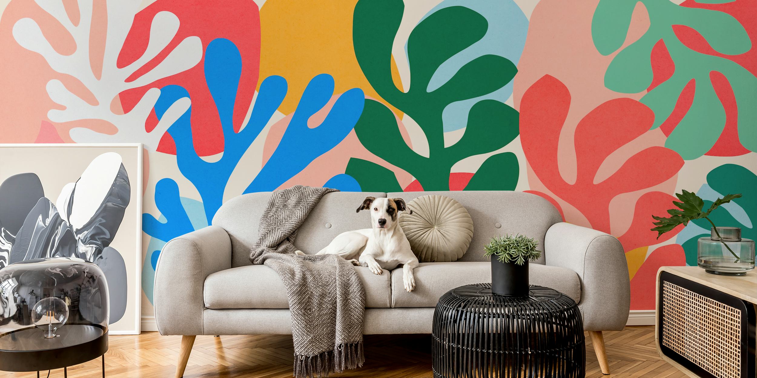 Abstract botanical wall mural with vibrant Matisse-inspired cut-out design
