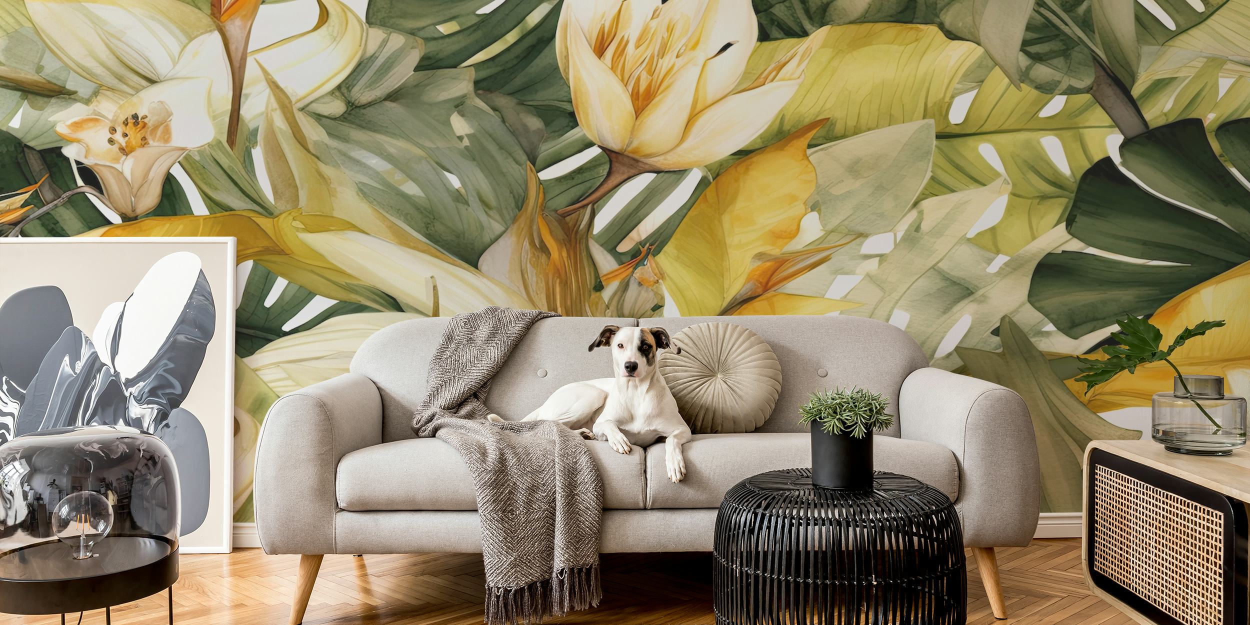 Tropical floral wallpaper with green leaves and white flowers