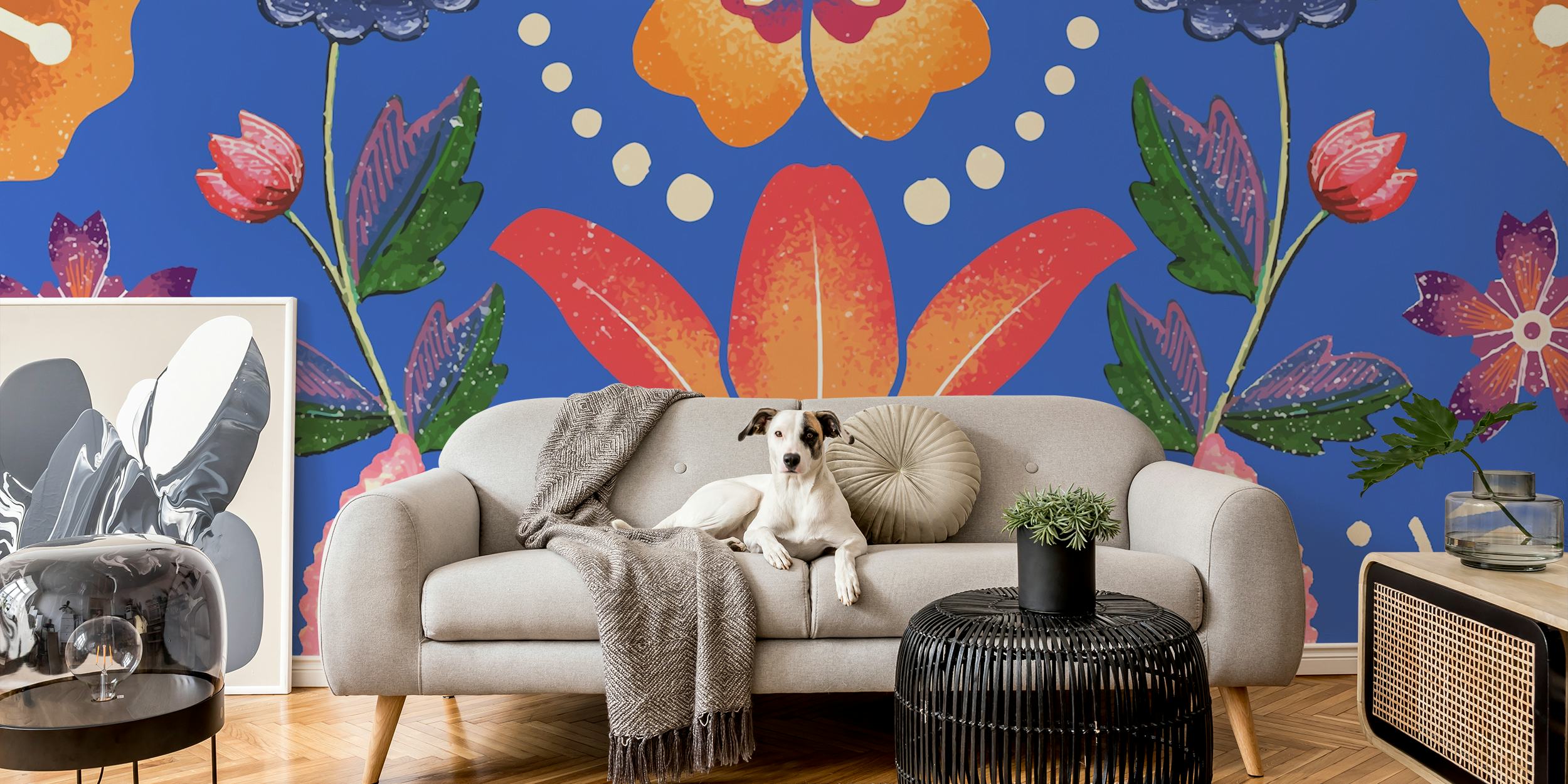 Colorful floral pattern with blue background wallpaper