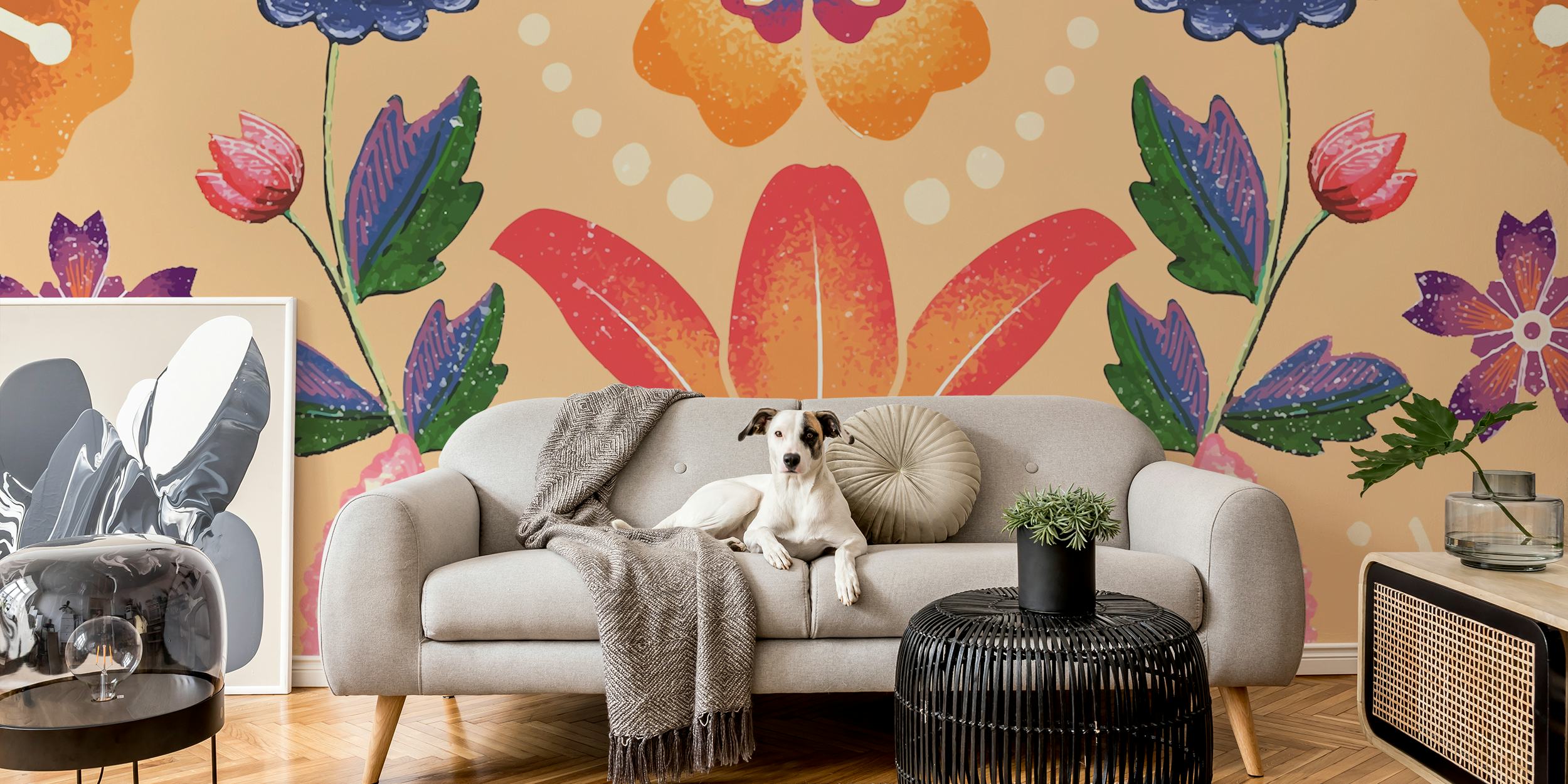 Colorful floral patterns with pink, blue, and orange hues wallpaper