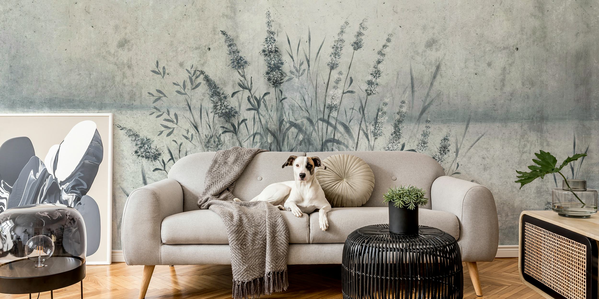 Artistic gray pampas grass on a textured grunge background wall mural