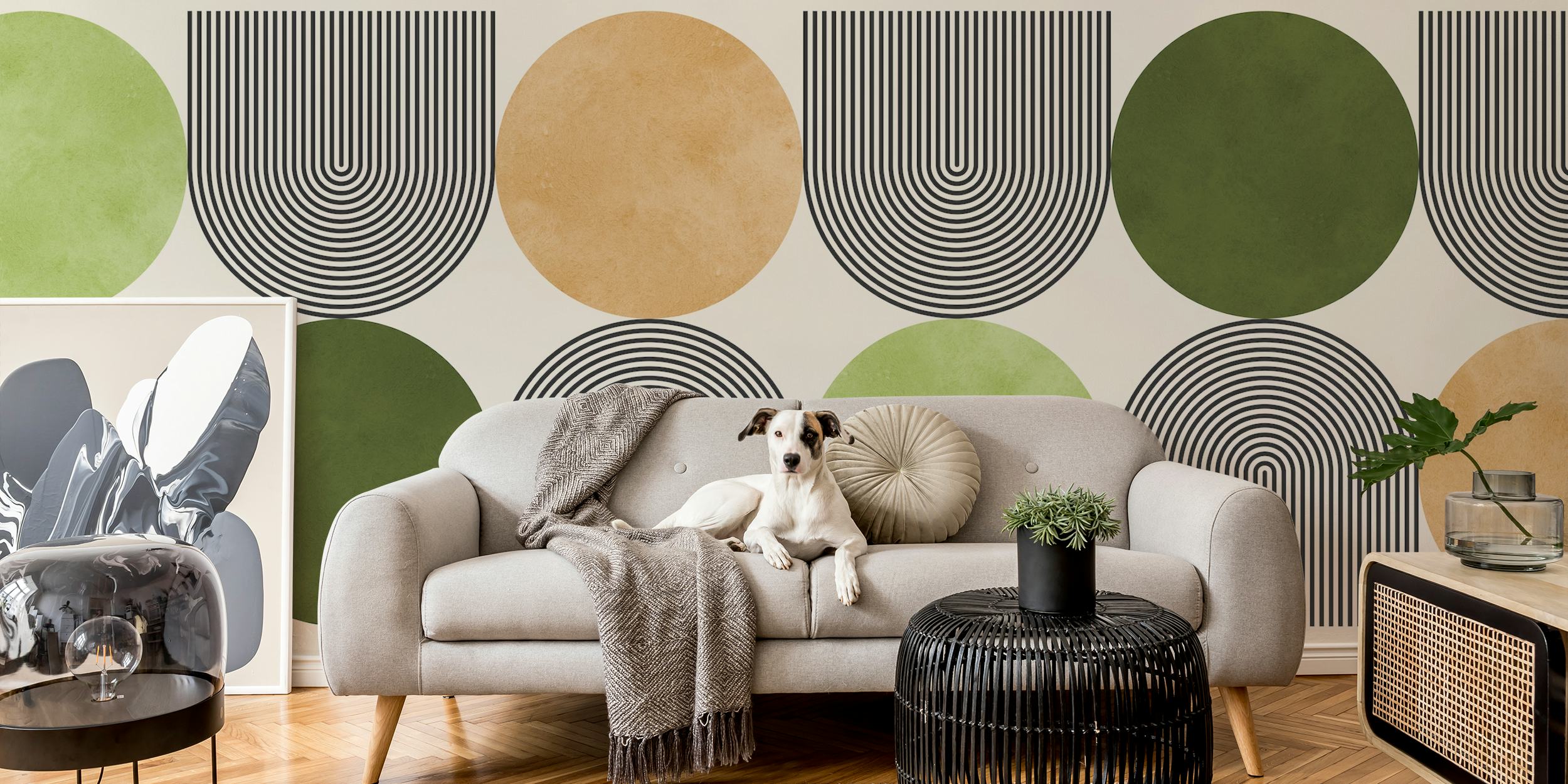 Lines and circles wallpaper in a modern room