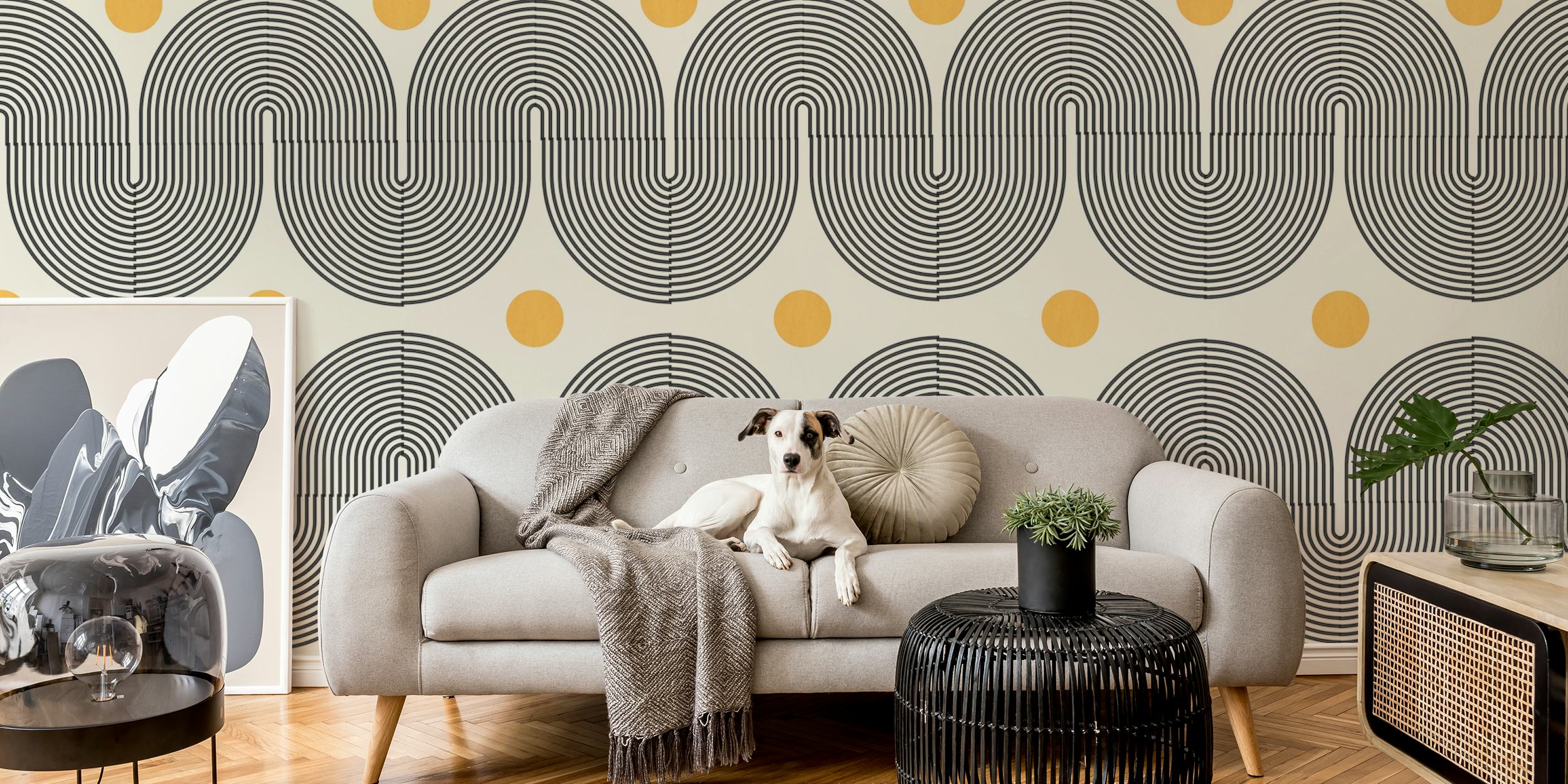 Lines and circles padrão papel de parede em um quarto