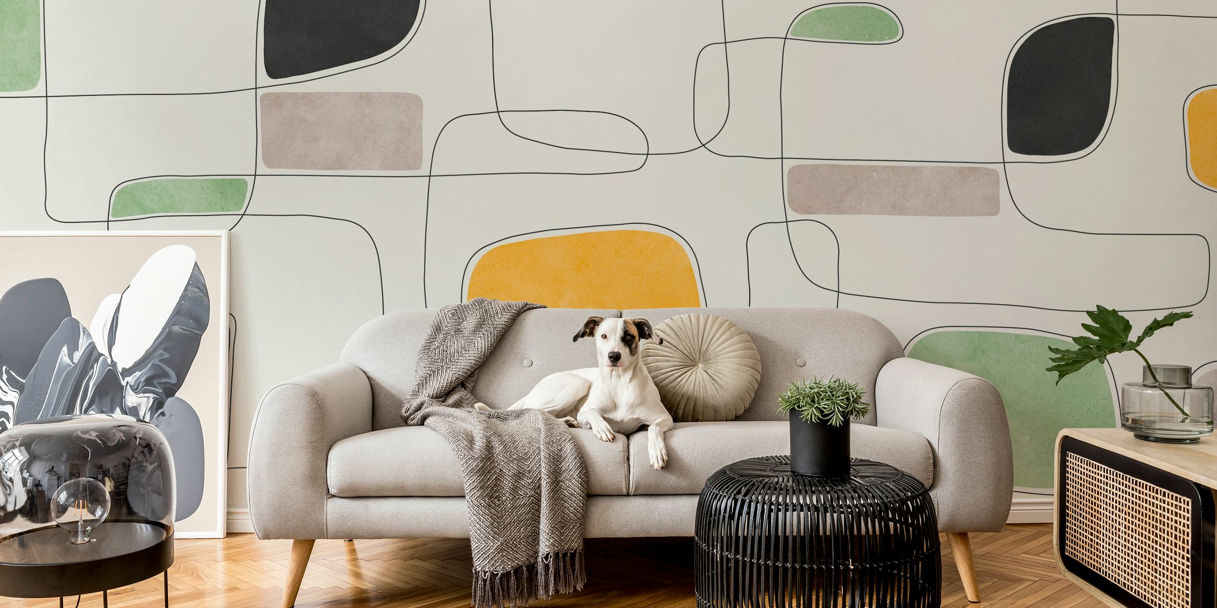 Abstract wall mural featuring hand-drawn lines and brushstrokes in neutral and bold colors