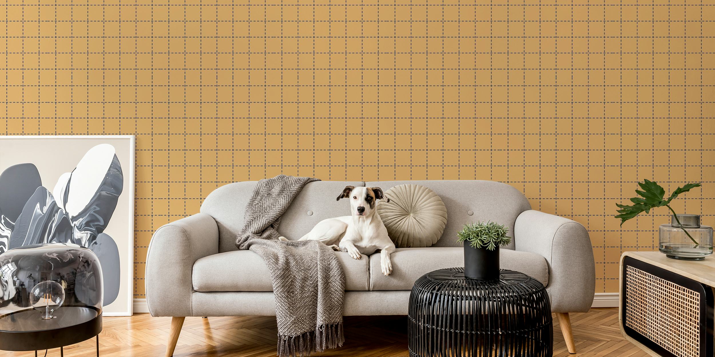 Grid Beige and Blue wallpaper in a room