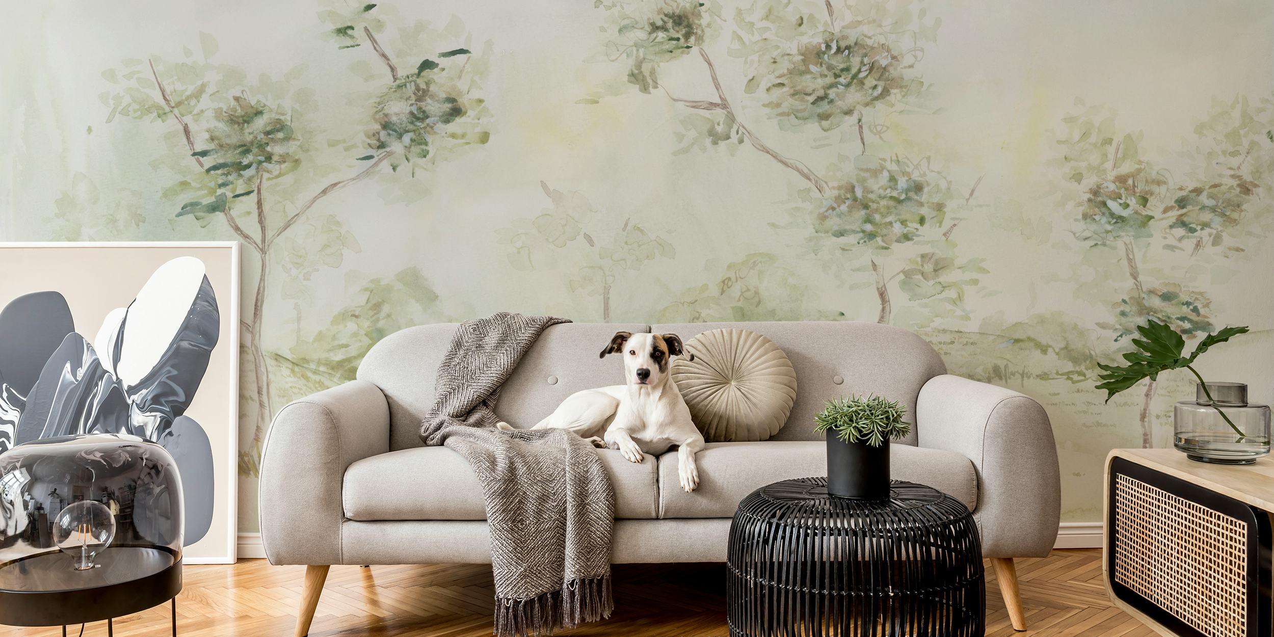 Papel de parede paisagem em aquarela em um quarto