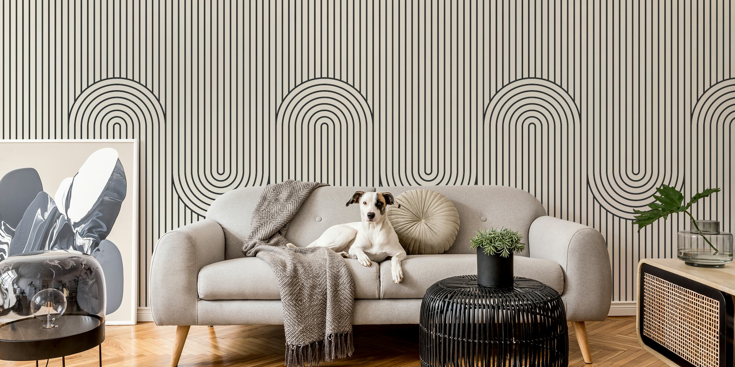 Geometric lines and curves in black and white wallpaper