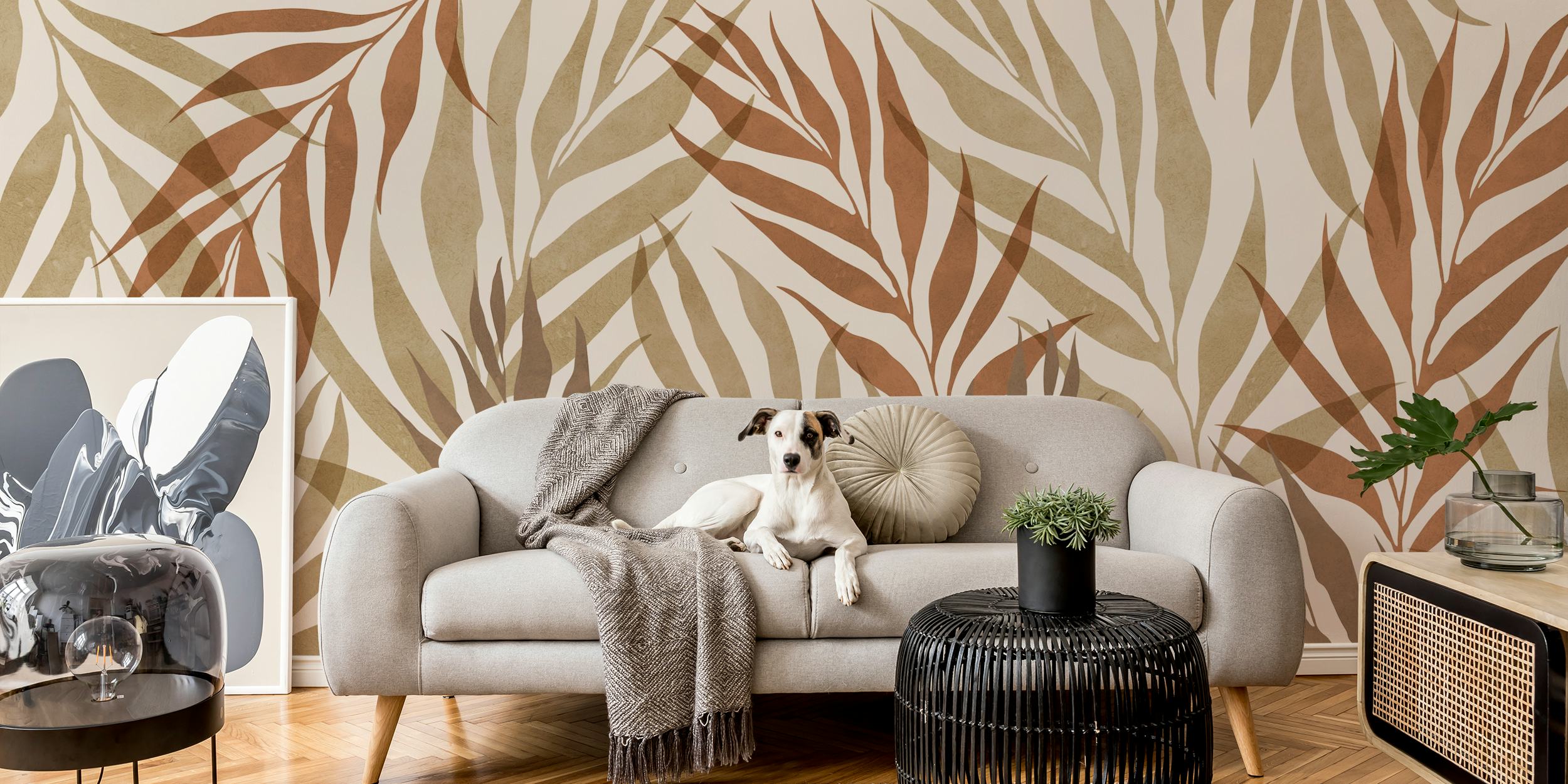 Earthy toned floral motif wallpaper with large leaves in muted colors.