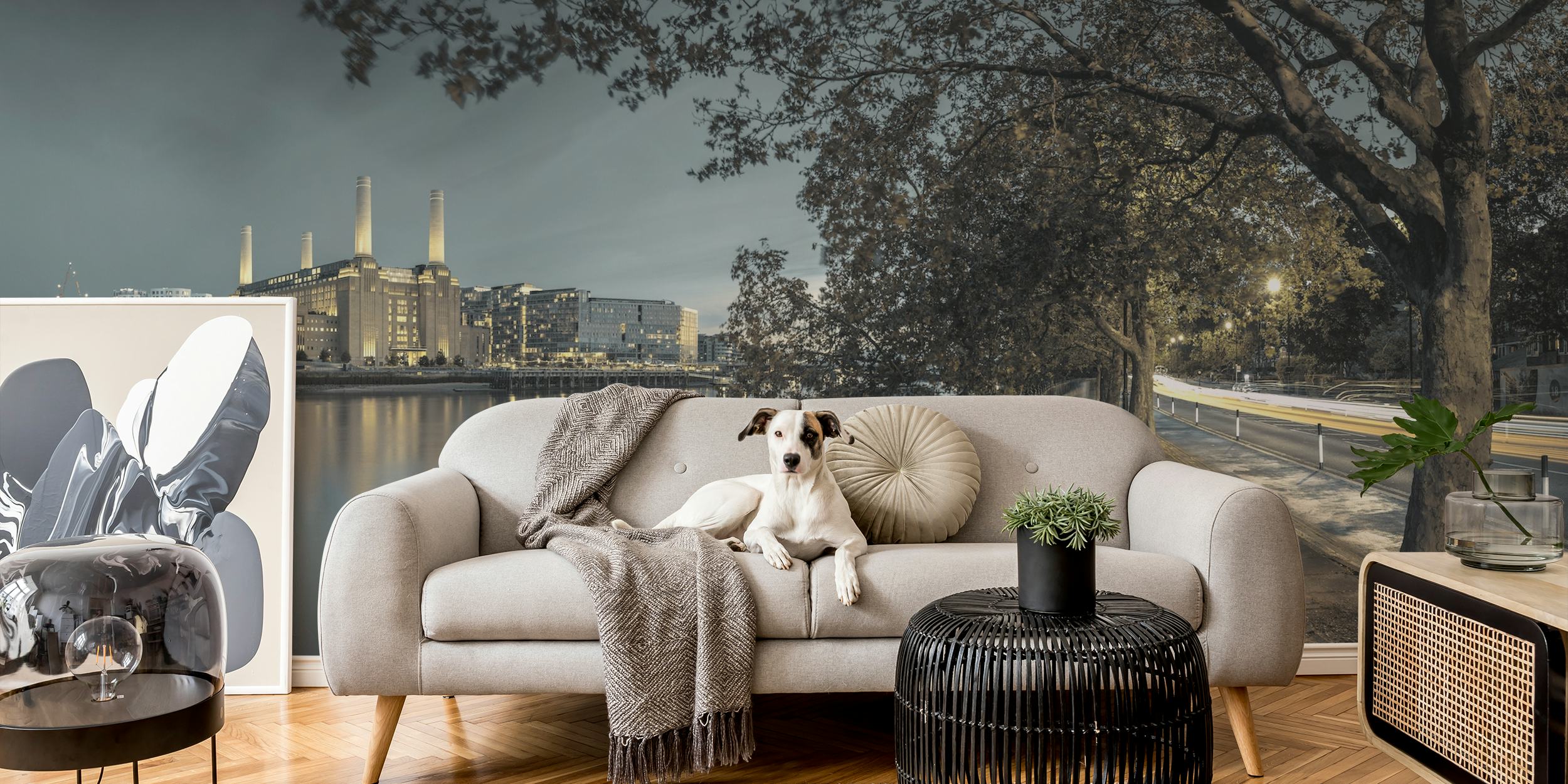 Battersea power station skyline in black and white wallpaper