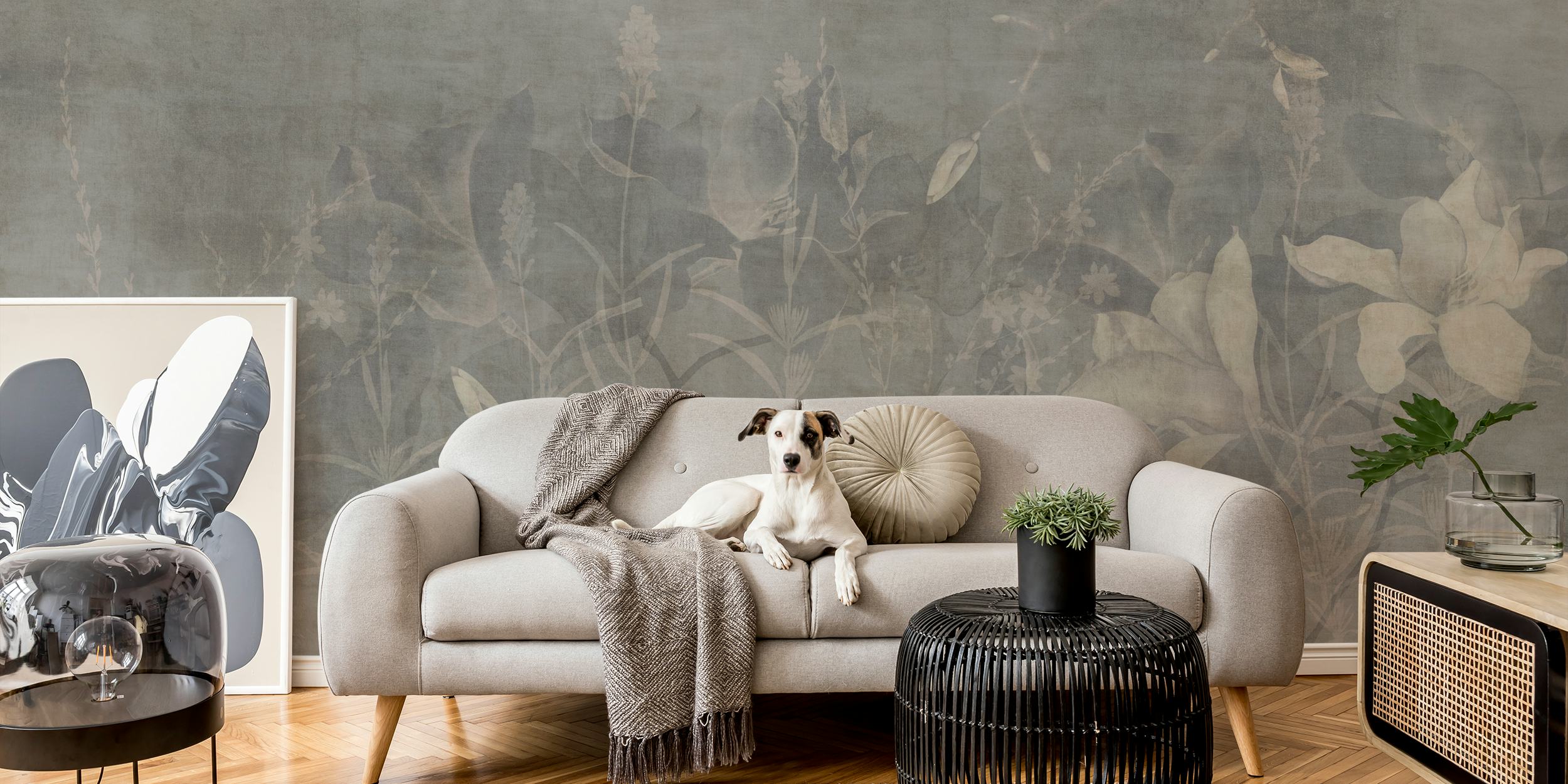 Gray-toned magnolia flower wall mural for interior decor