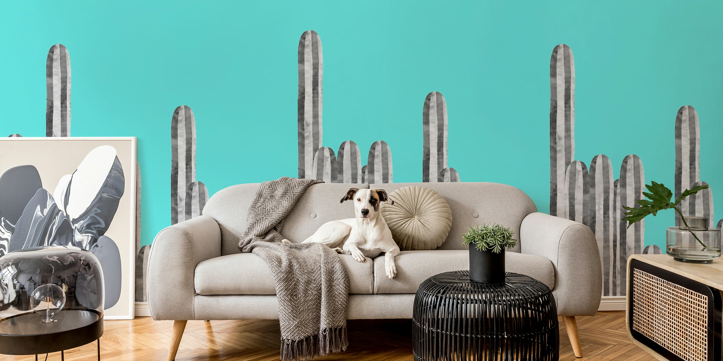 Cactus landscape wallpaper displayed in a room