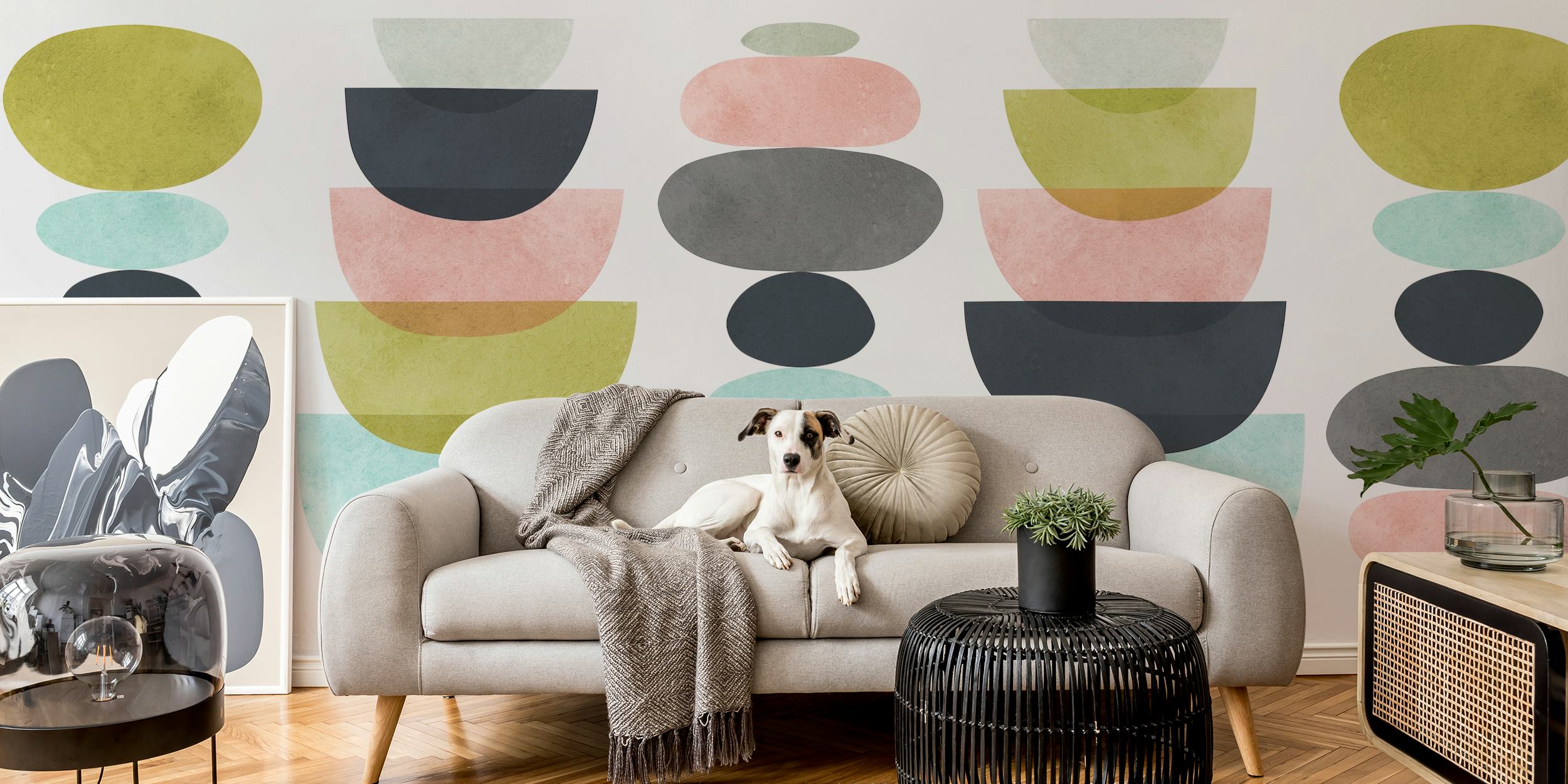Abstract layered shapes in soft greens, pinks, and grays. Boho wallpaper.