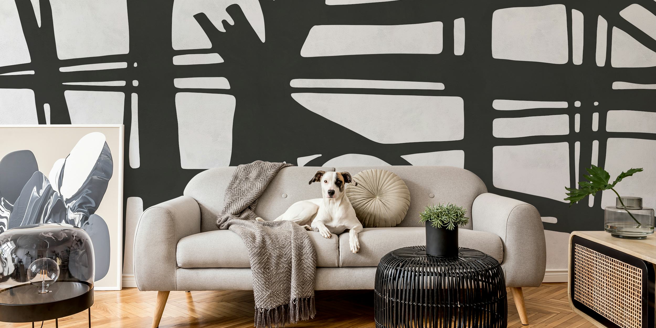 Black and white strokes wallpaper in a room