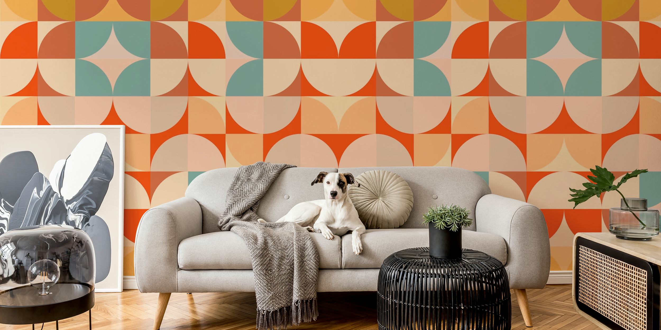 Geometric patterns in orange, blue, and beige wallpaper