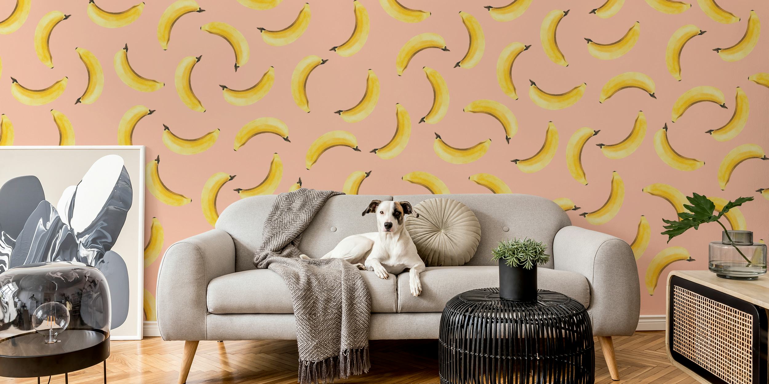 Muro decorativo con motivo di banane su sfondo pastello