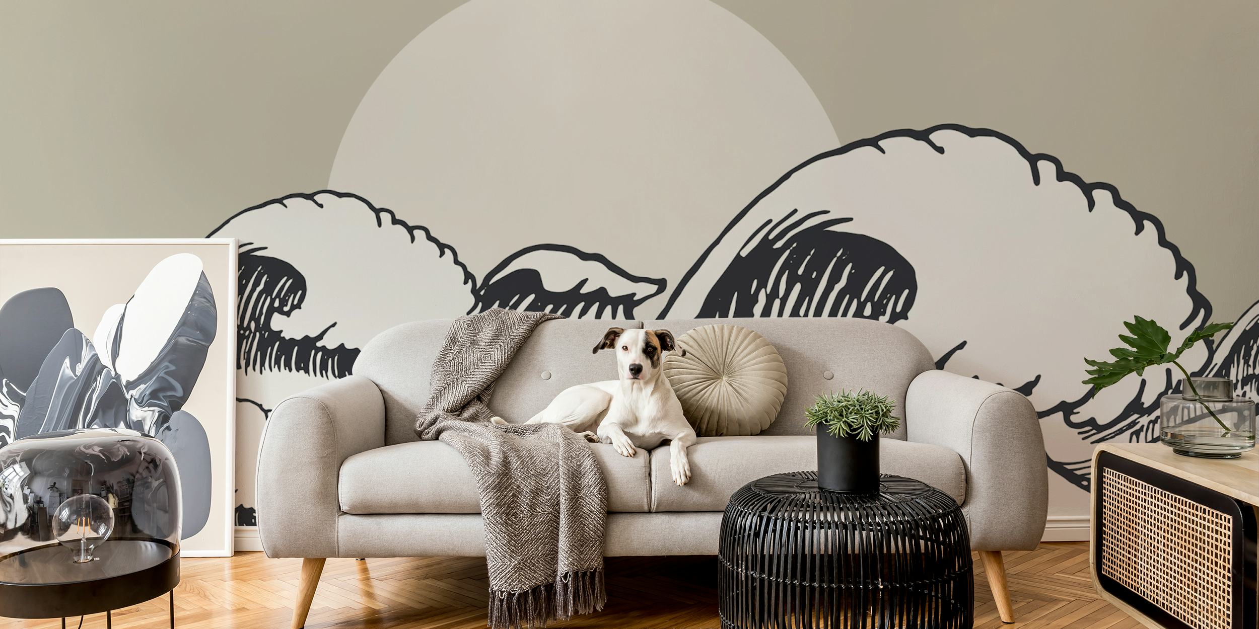 Ocean Sun Black wall mural with monochrome waves and a pale sun