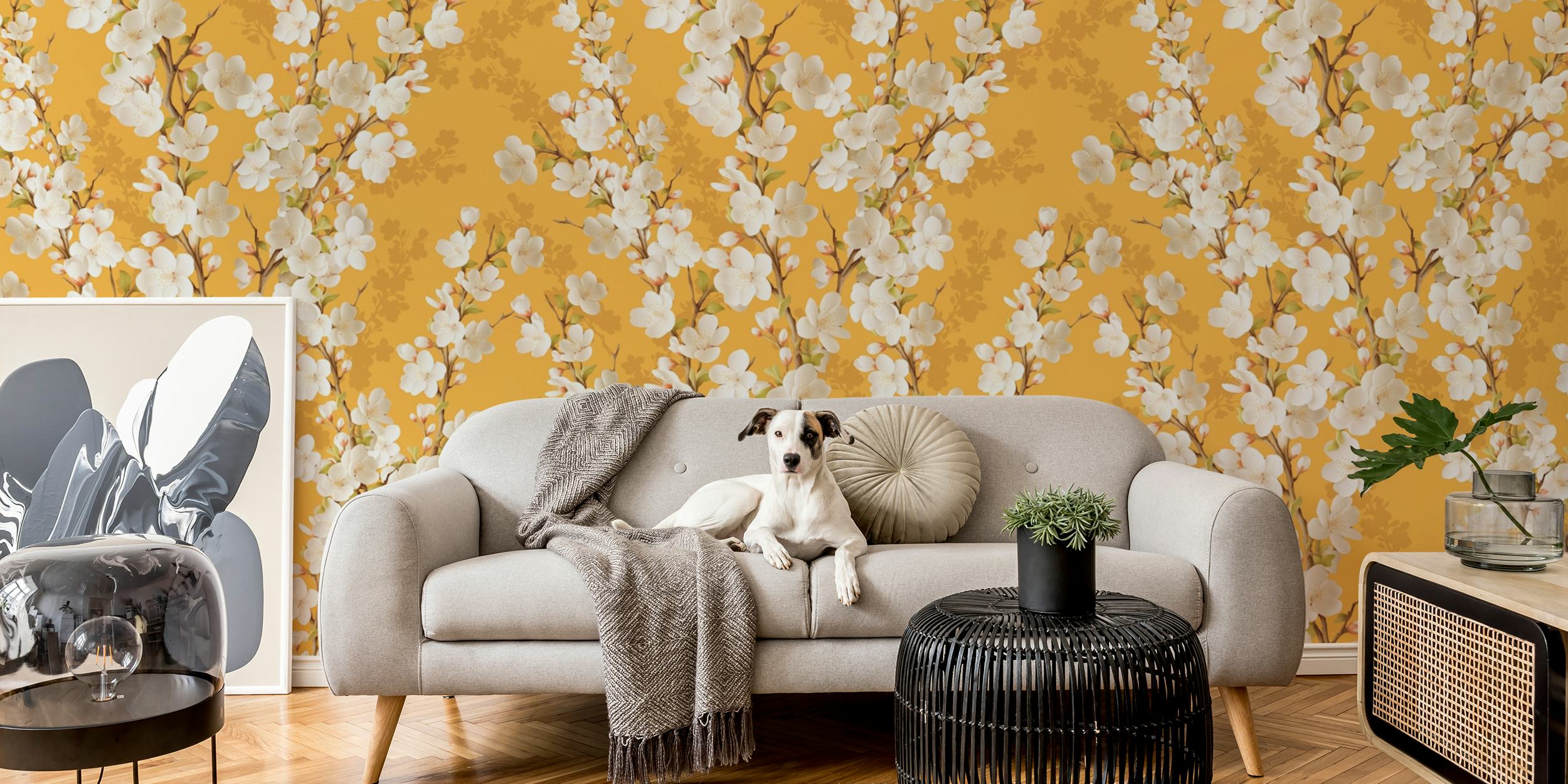 Cherry blossom mural in warm yellow tones
