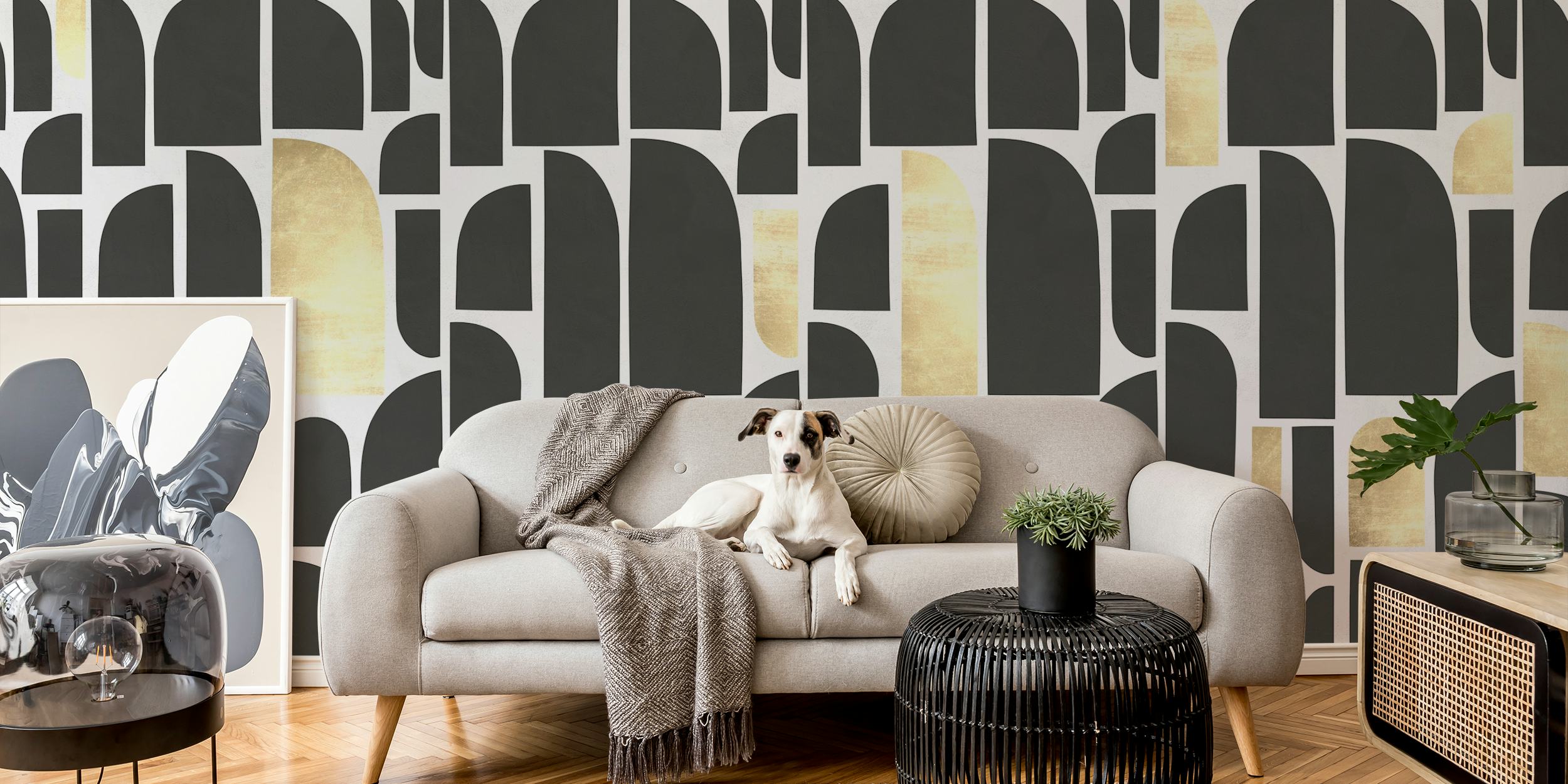 Abstract shapes in black and gold on a white background wallpaper