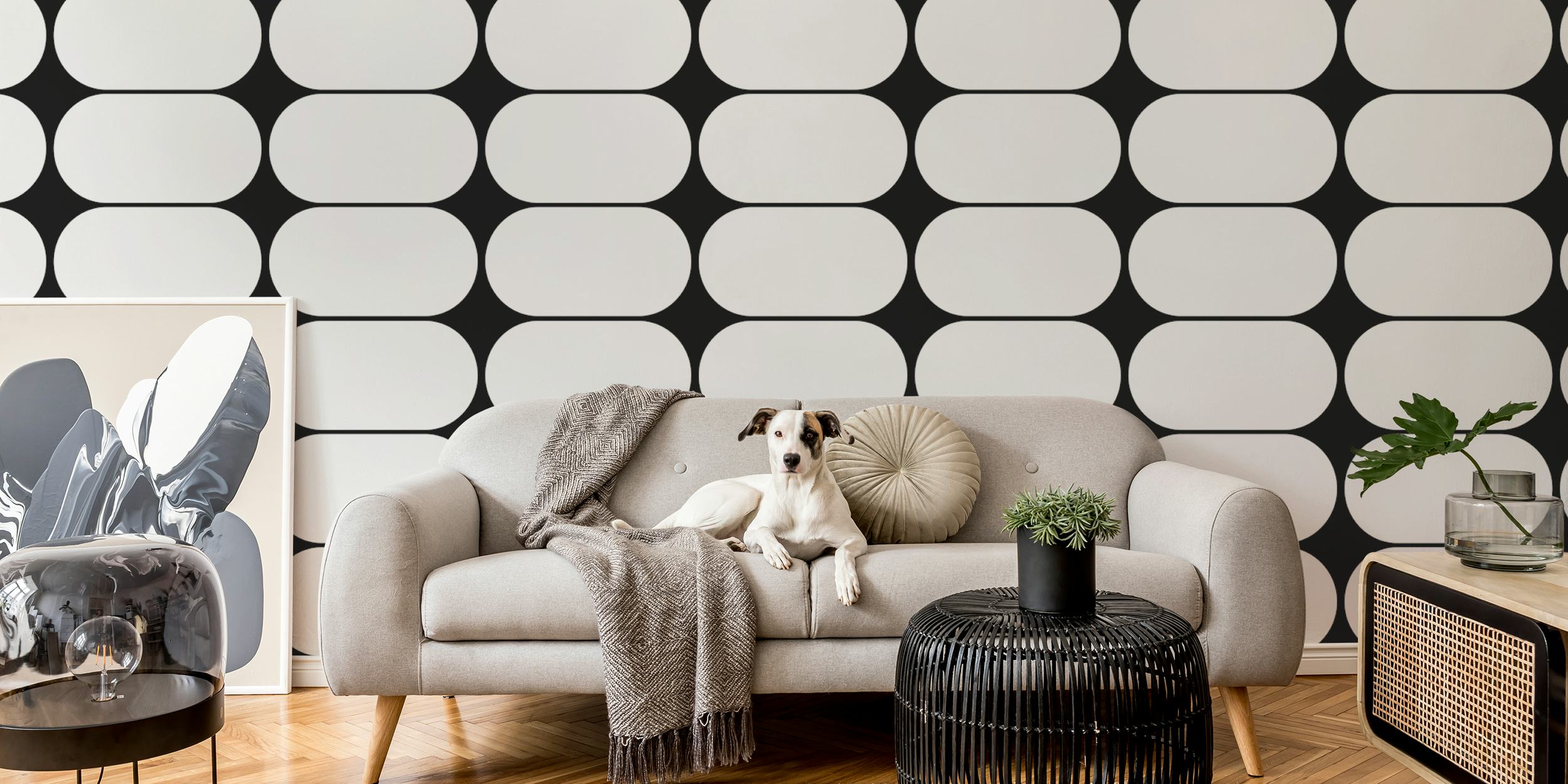Black and White Mid-Century Pebbles -tapettimuotoilu