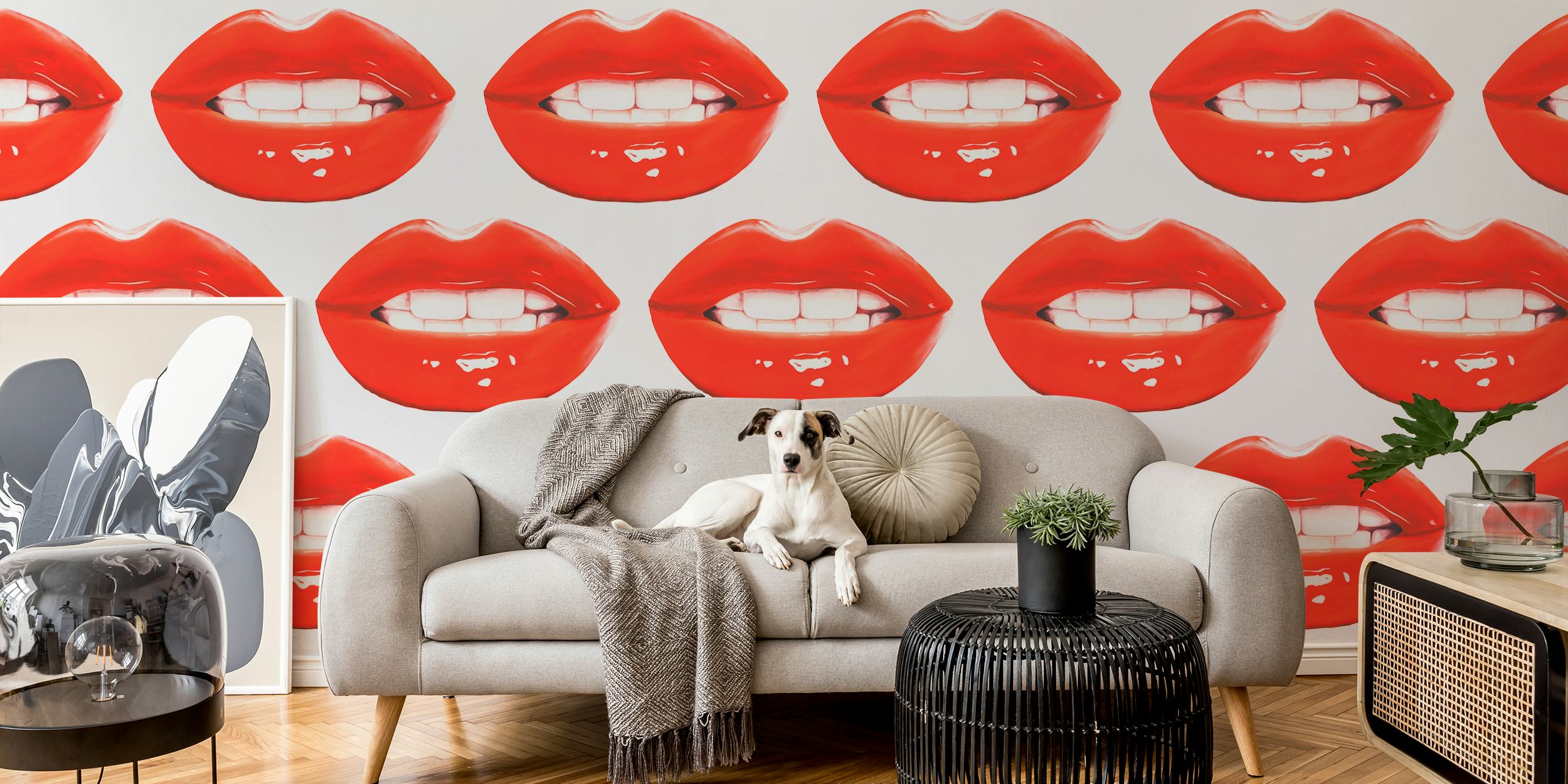 Pattern of glossy red lips with white teeth wallpaper