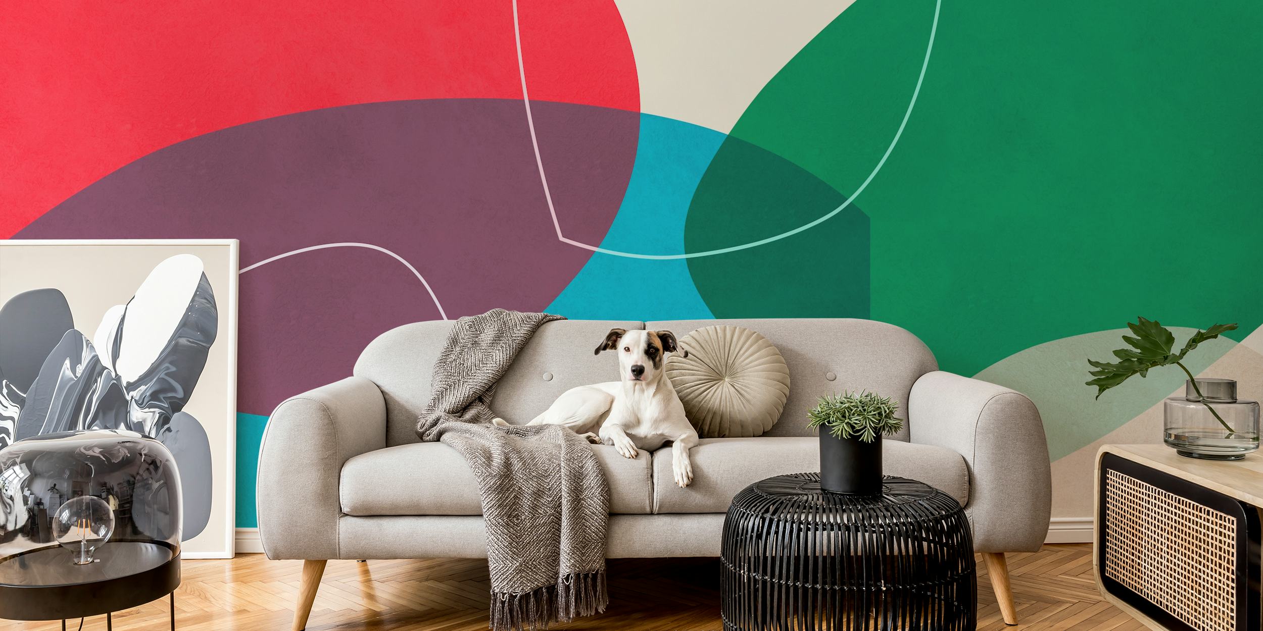 Colorful abstract shapes in red, green, blue, and beige wallpaper
