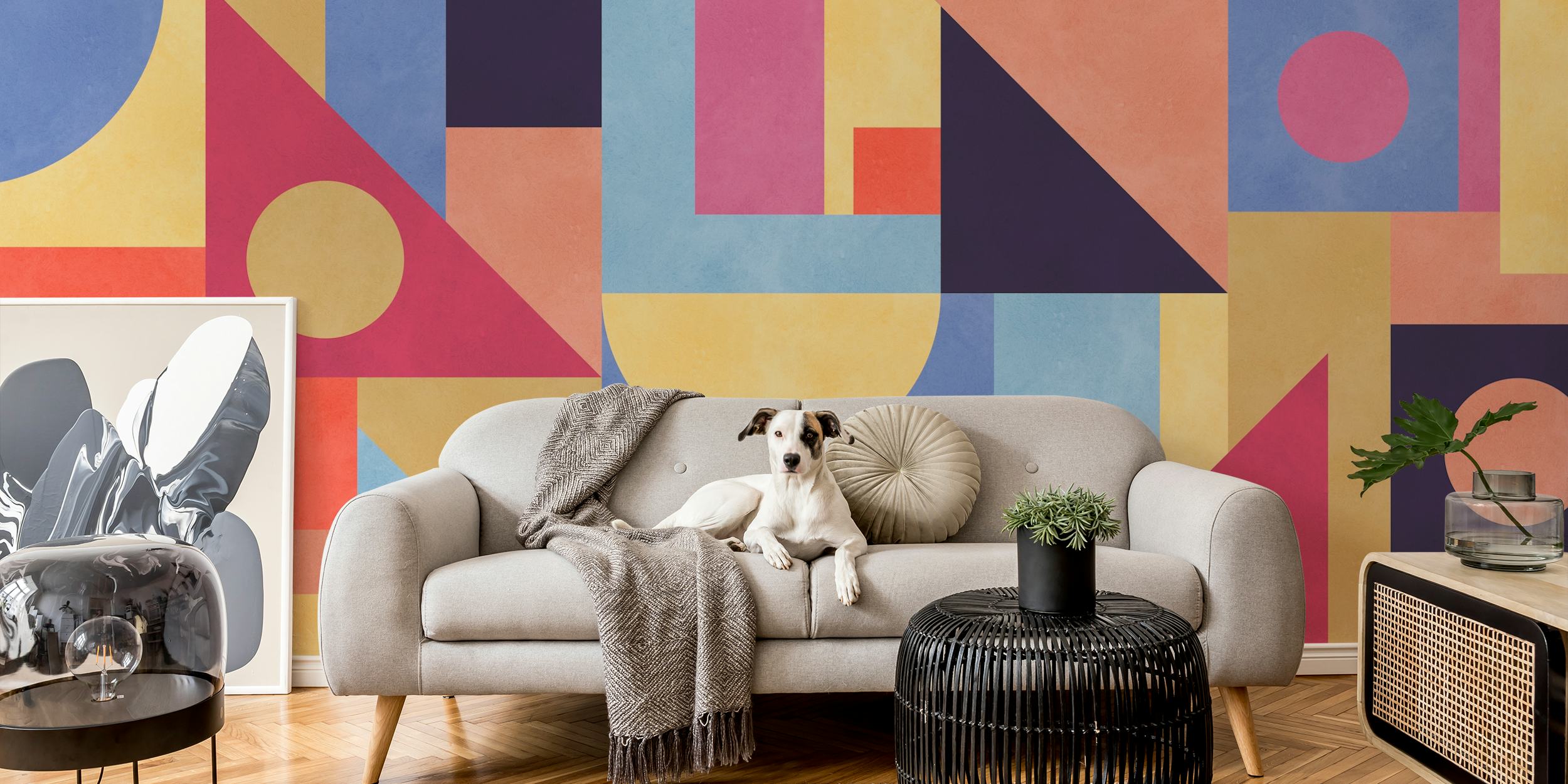 Colorful geometric shapes wallpaper in a room