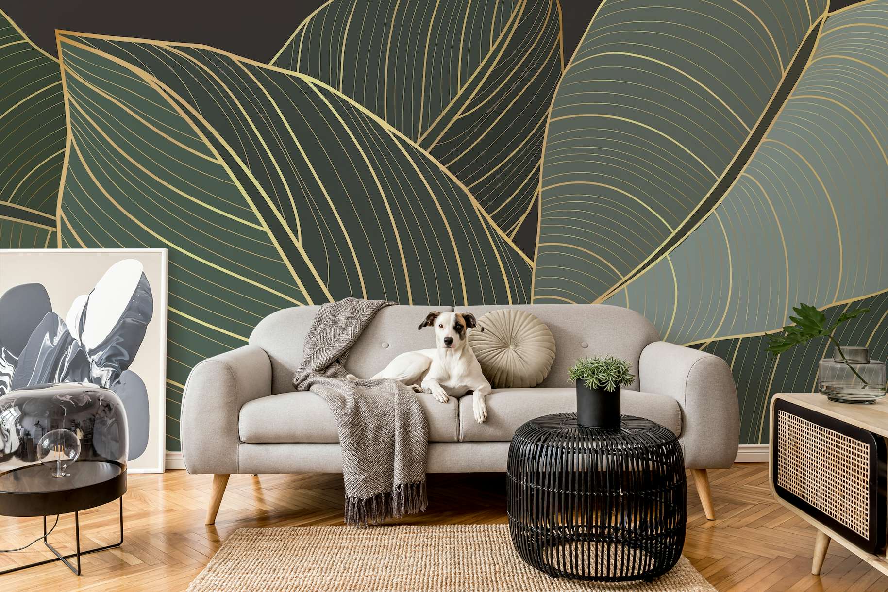 Abstract art golden leaves wallpaper