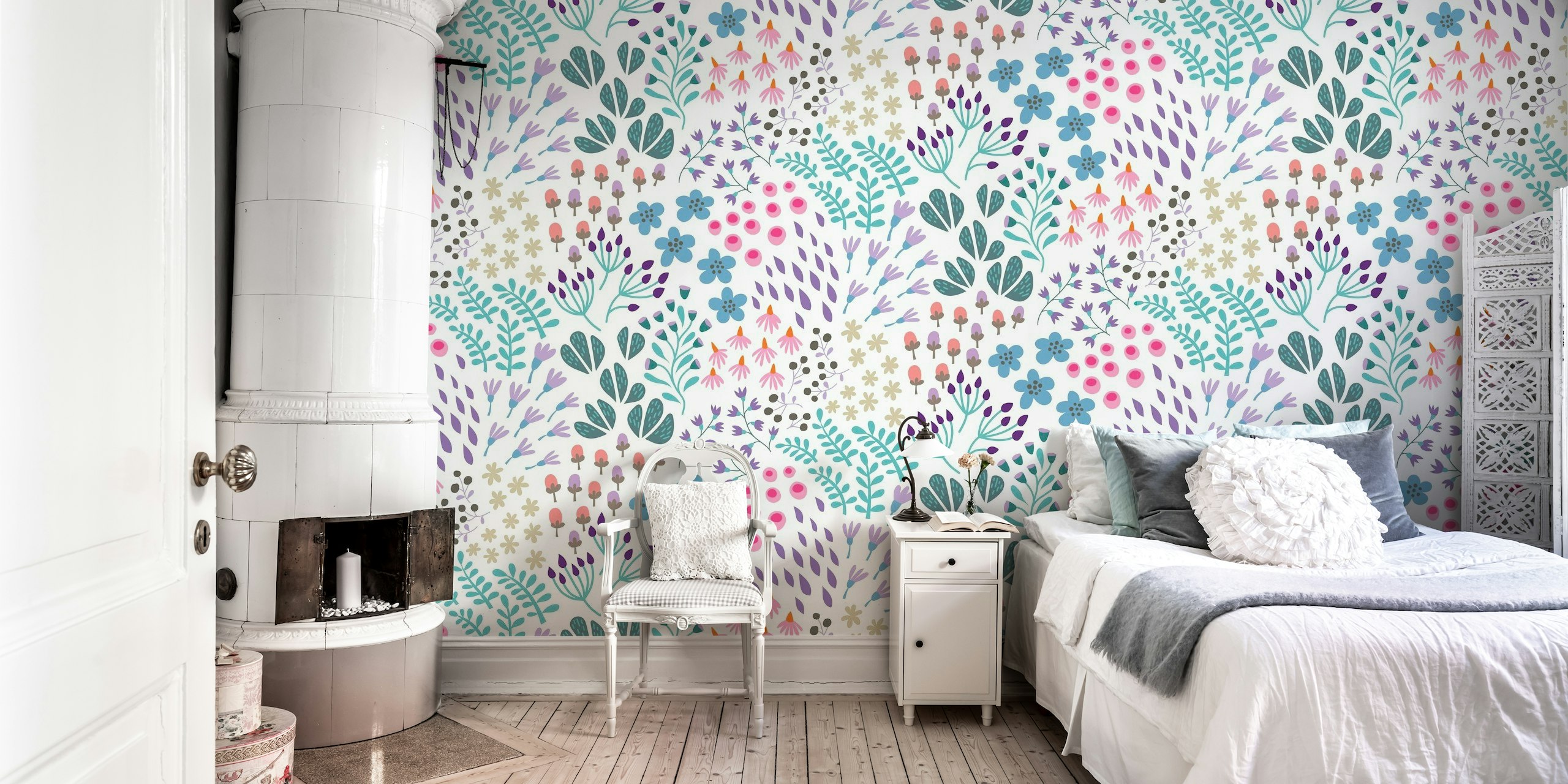 Whimsical watercolor floral wall mural with soft pinks and tranquil blues