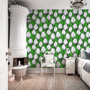 White tulips with green leaves