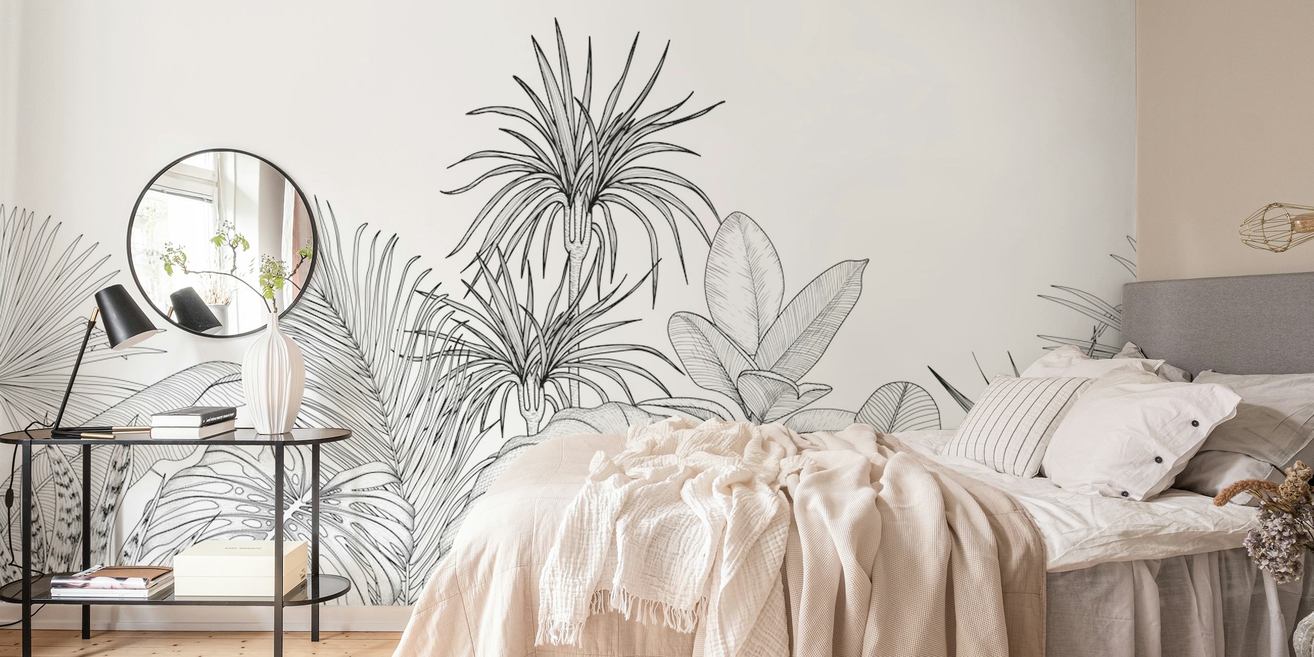Sort og hvid tropisk flora vægmaleri