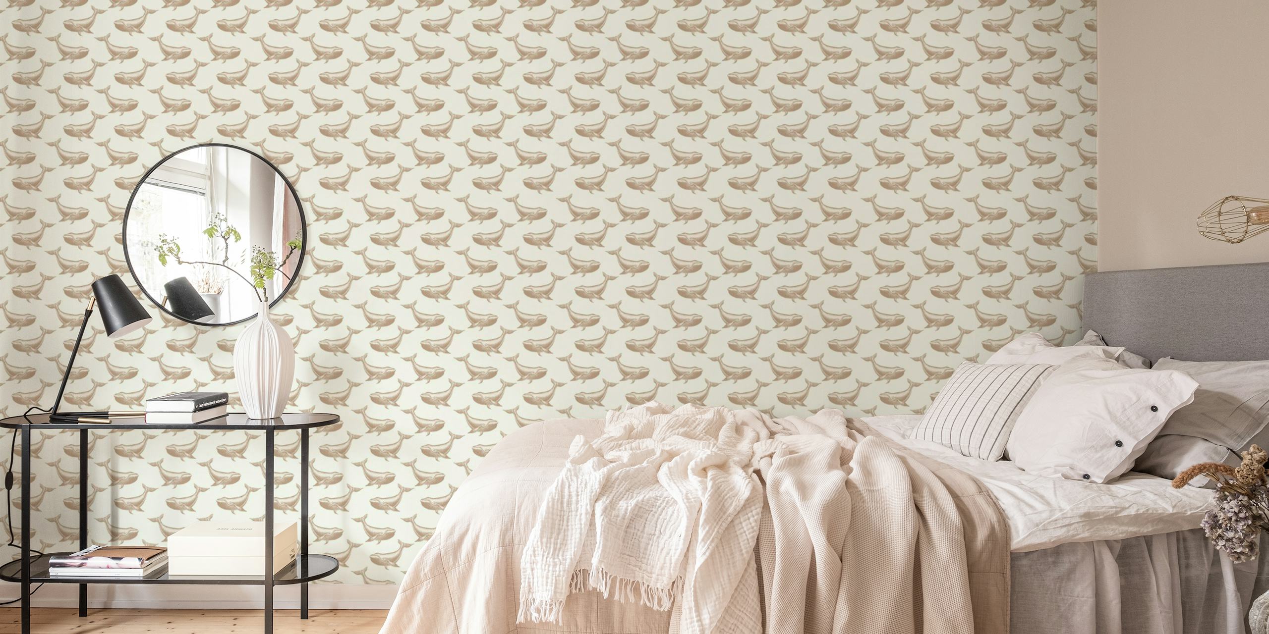 Stylized whale silhouette pattern on a beige background wall mural