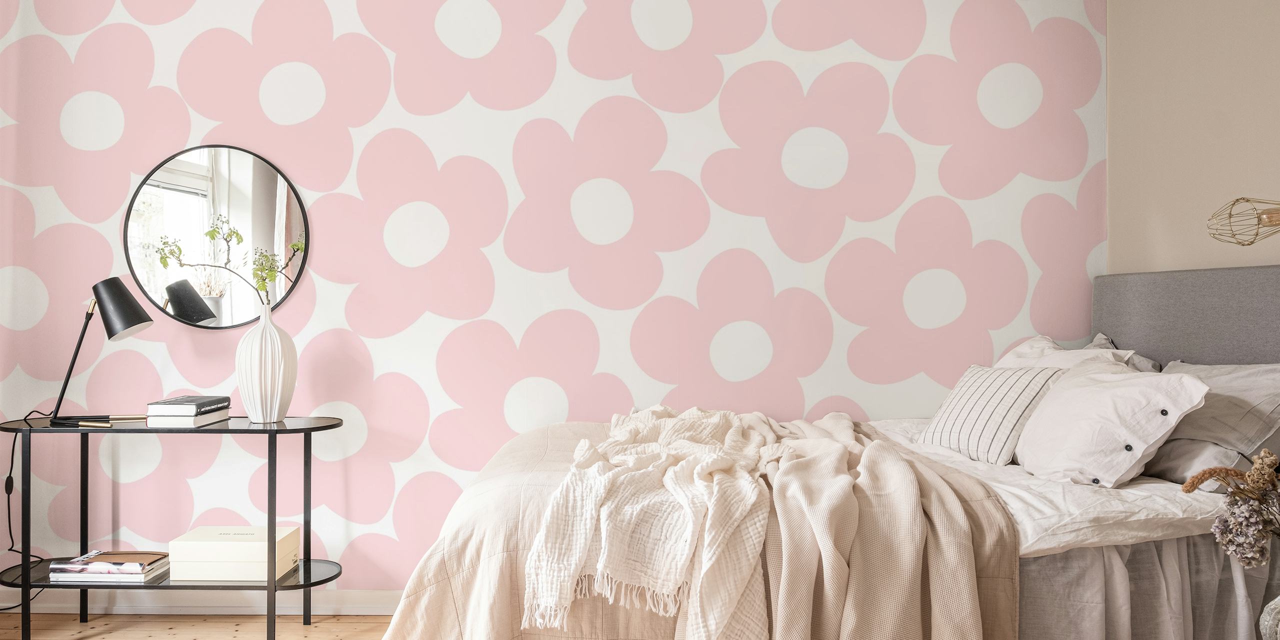 Blush Pink Retro Daisies vægmaleri med hvid baggrund