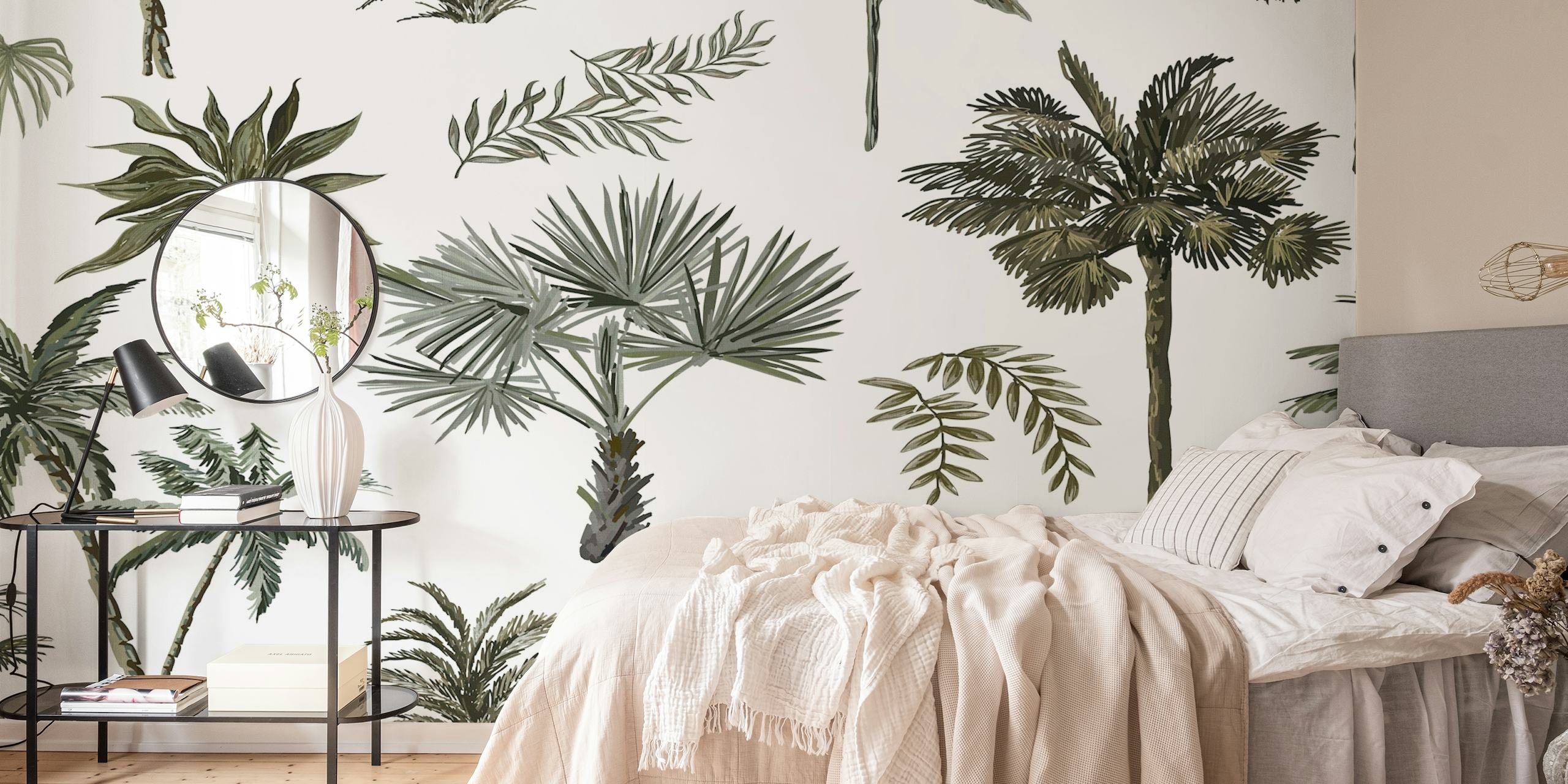 Monochrome tropical tree wall mural with white background