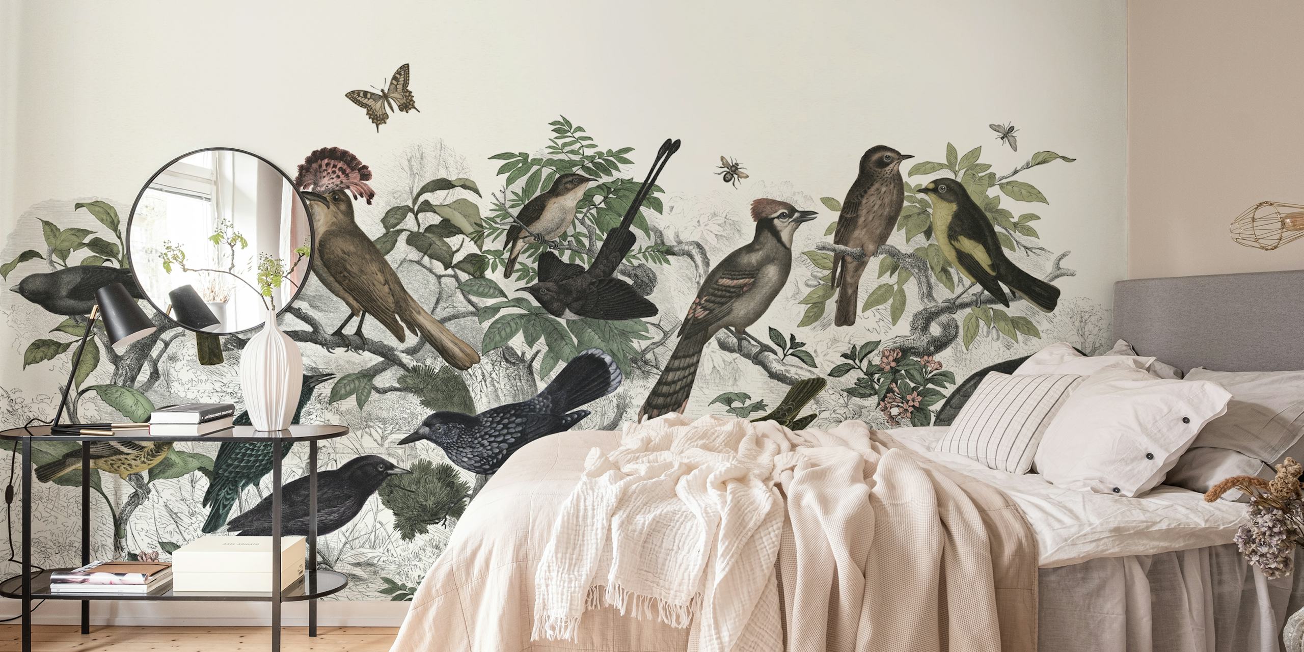 Colorful birds perched on branches surrounded by leaves wallpaper