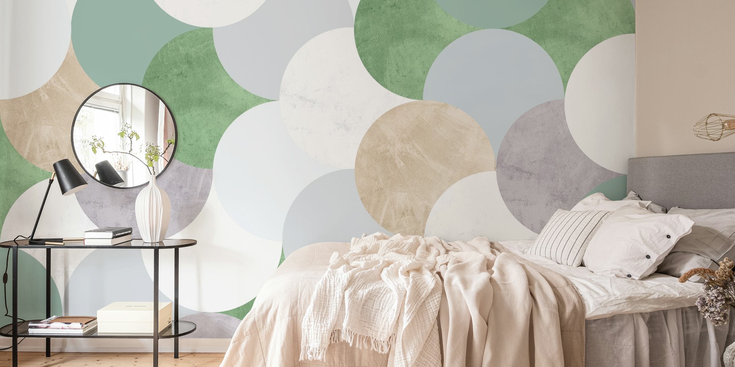 Geometric wallpaper featuring overlapping circles in green, white, beige, and gray