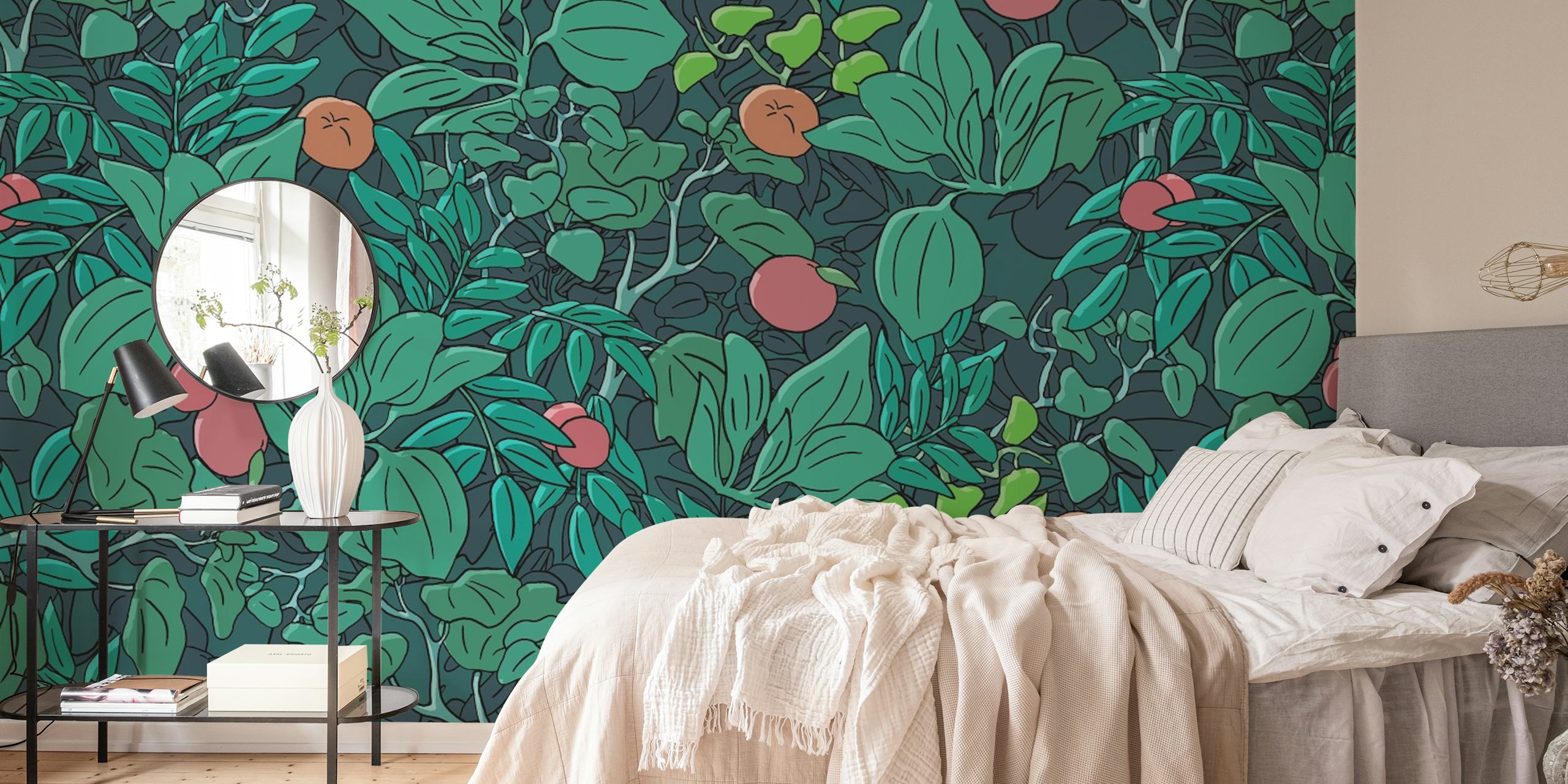 Carta da parati a tema foresta incantata con vegetazione lussureggiante e fiori vivaci, ideale per infondere una stanza con un tocco di fantasia.