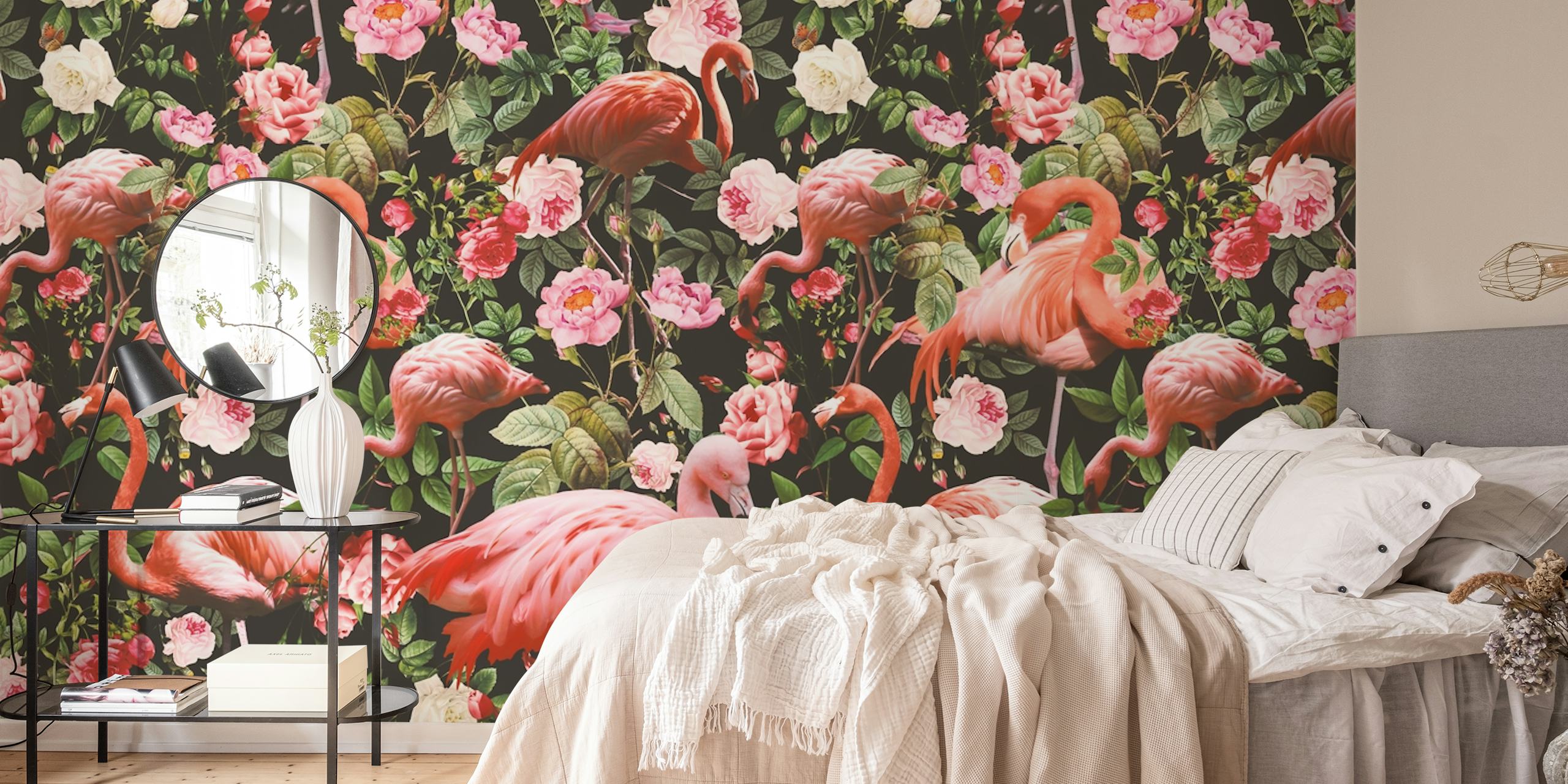 Floral and flamingo pattern wallpaper in a room