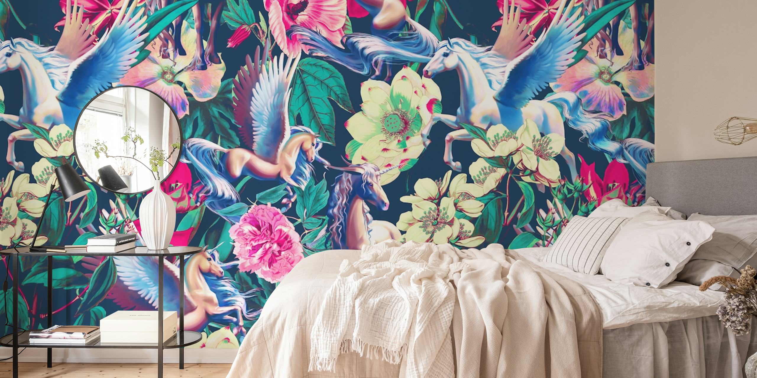 Unicorn wall mural with lush floral pattern in vibrant colors