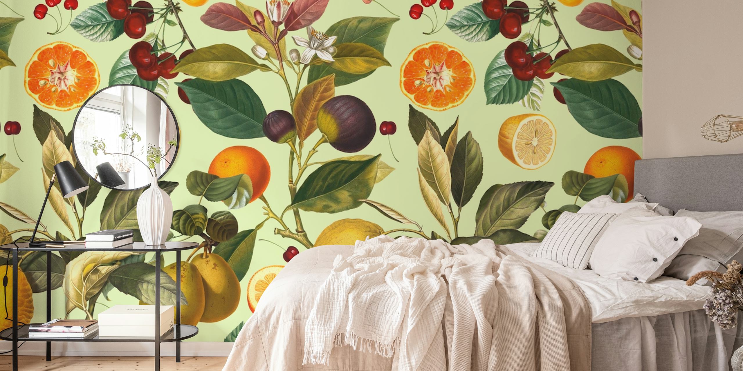 Botanisch fruitpatroon met citroenen, sinaasappels en bladeren in vrolijke kleuren wallpaper