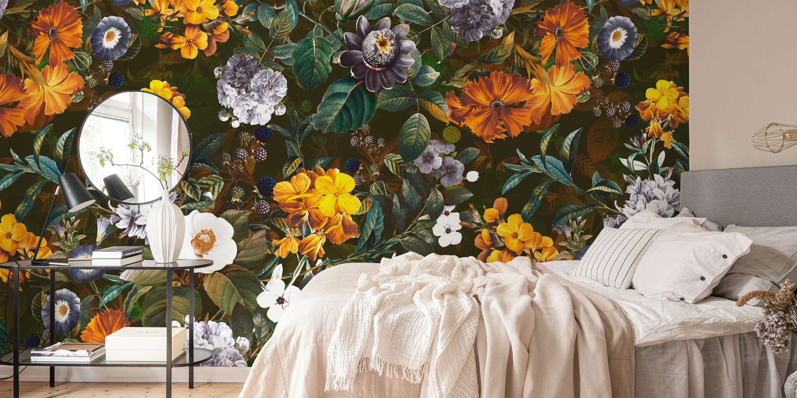 Colorful floral patterns on a dark background wallpaper