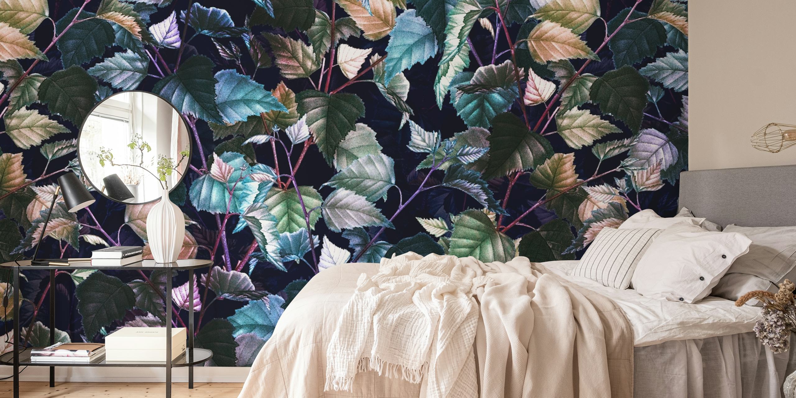Leaves with shades of green, teal, and purple in Magical Forest III wall mural
