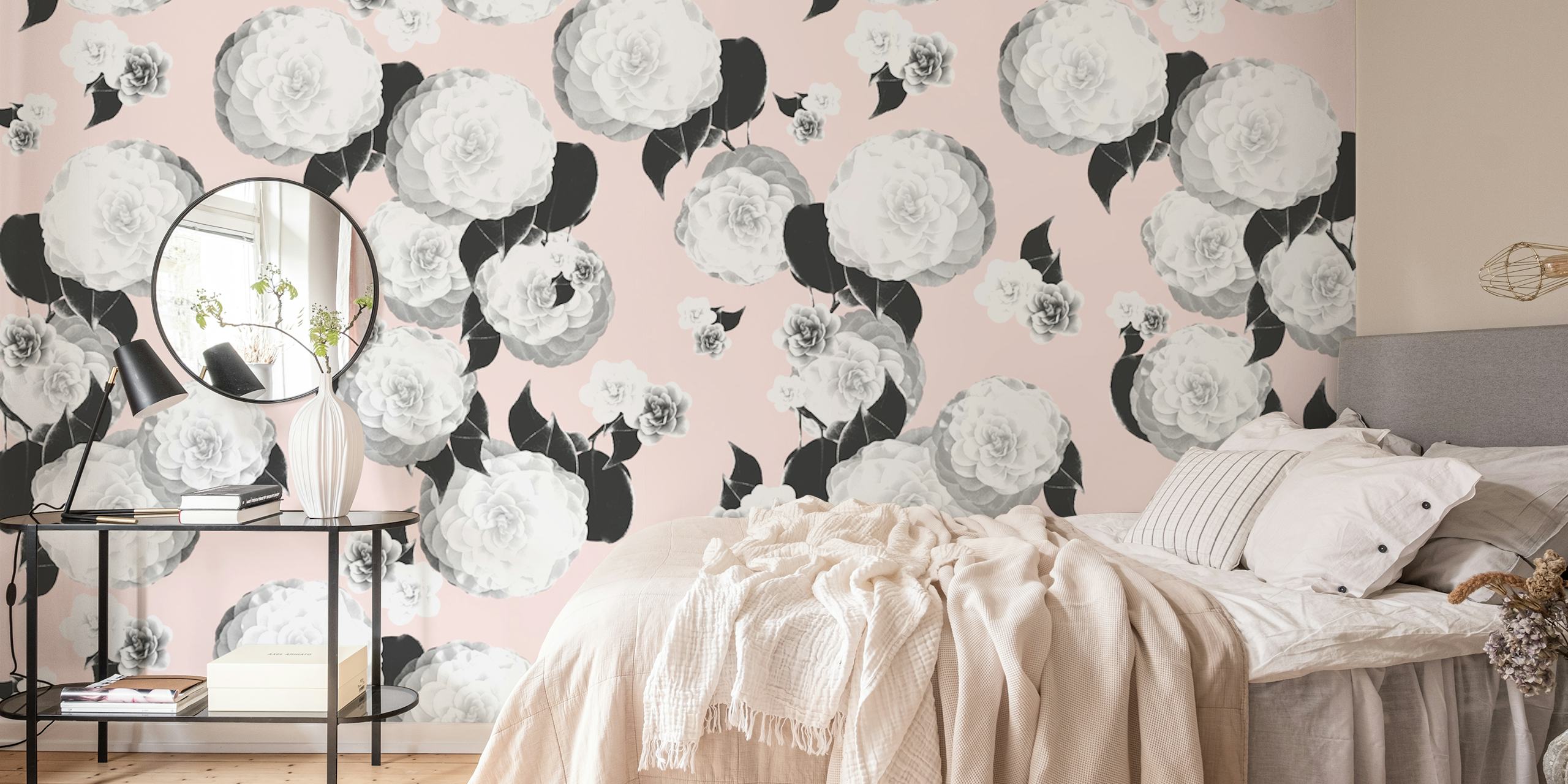 Soft pink wall mural with white spring flowers pattern for interior decor
