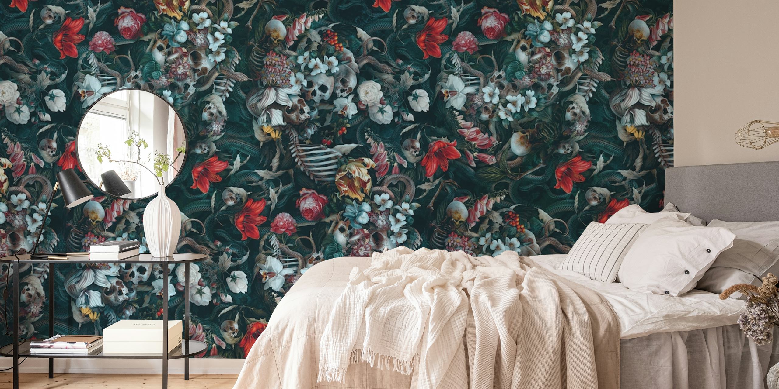 Dark patterned wall mural with intricate skulls and snakes design
