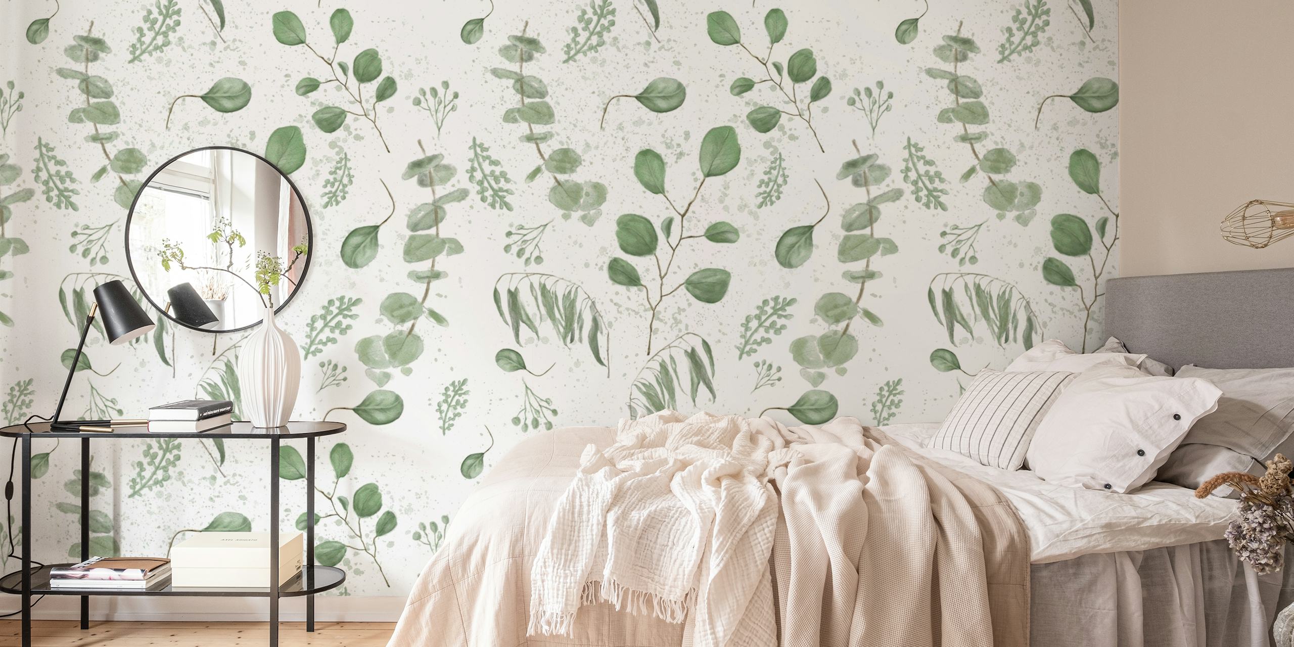 Vesivärinen eukalyptuskuvioinen seinämaalaus vaaleanvihreissä sävyissä