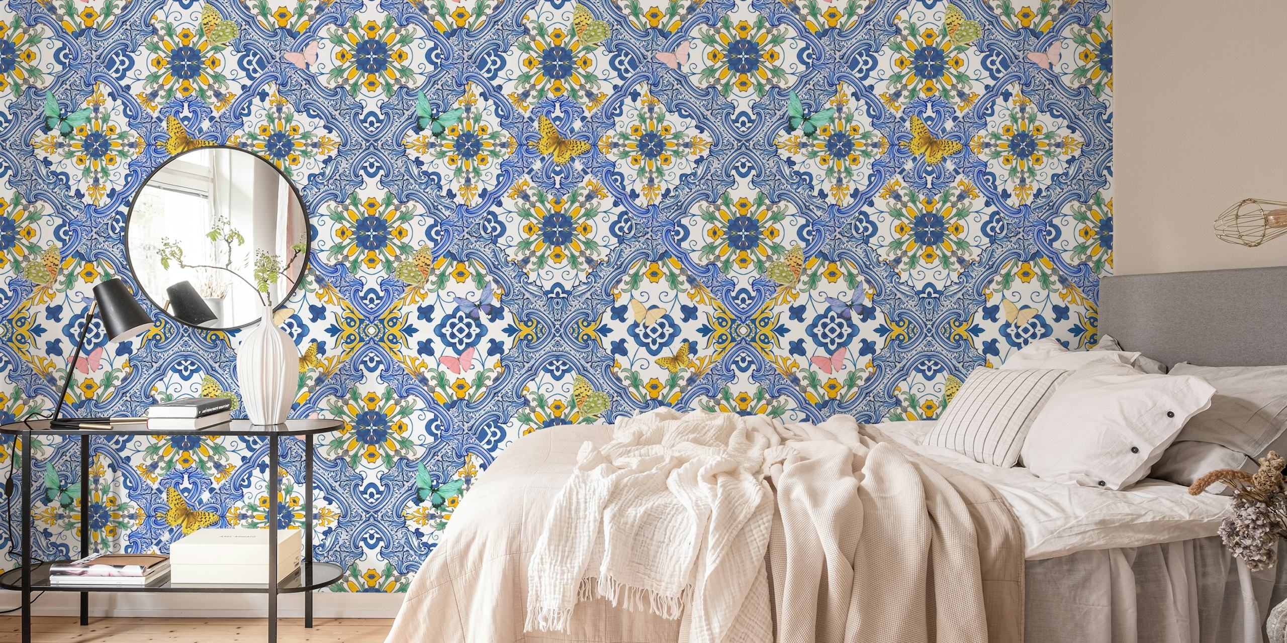 Carta da parati con Yellow Flowers e blue tiles