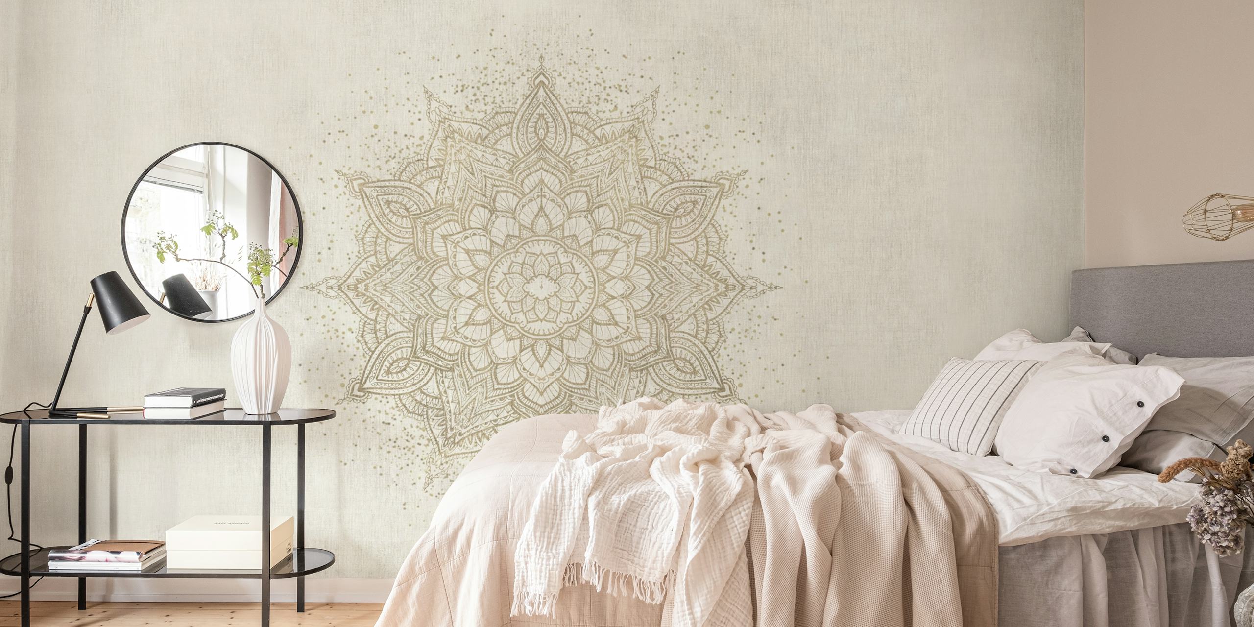 Design de papel de parede Golden mandala em um quarto